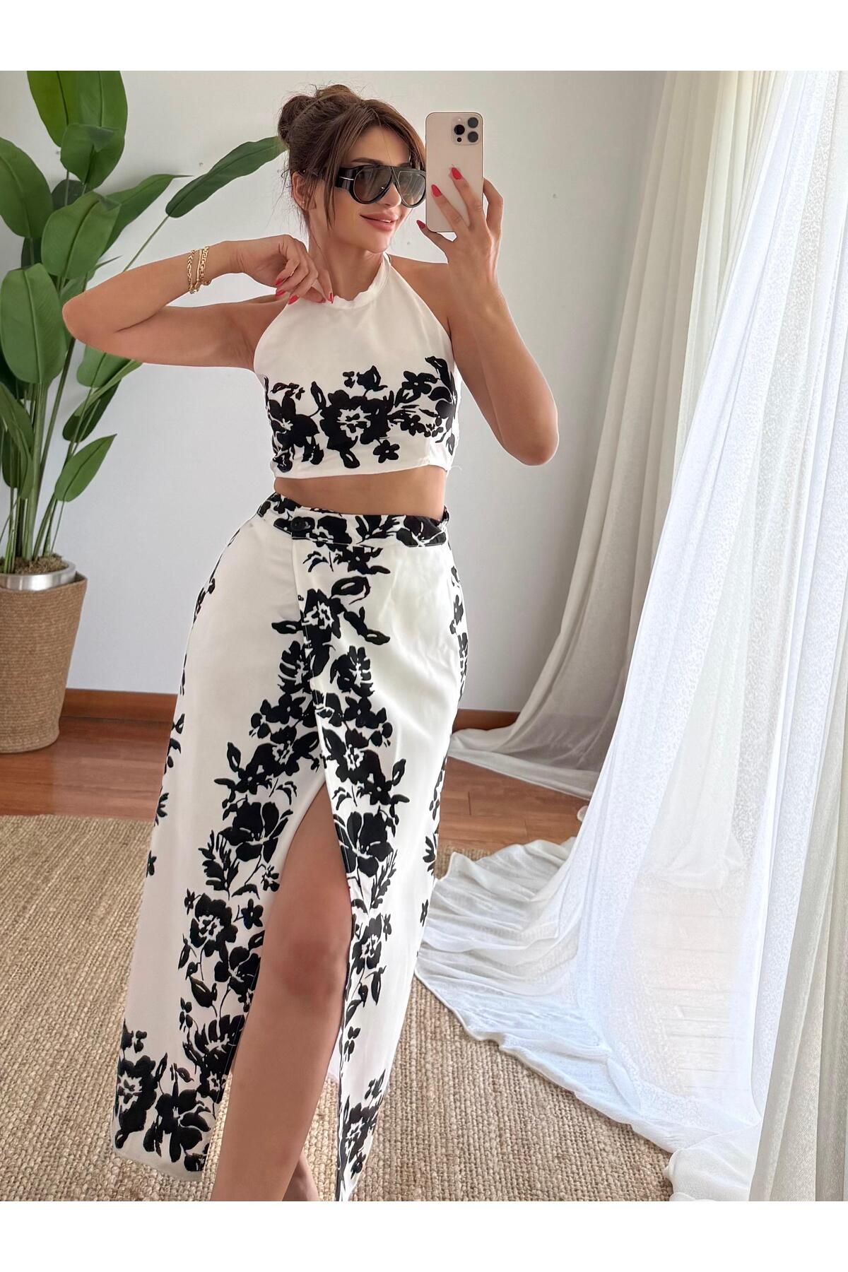 Daves Etnik Desenli Siyah Crop ve Yırtmaçlı Maxi Etek Takım