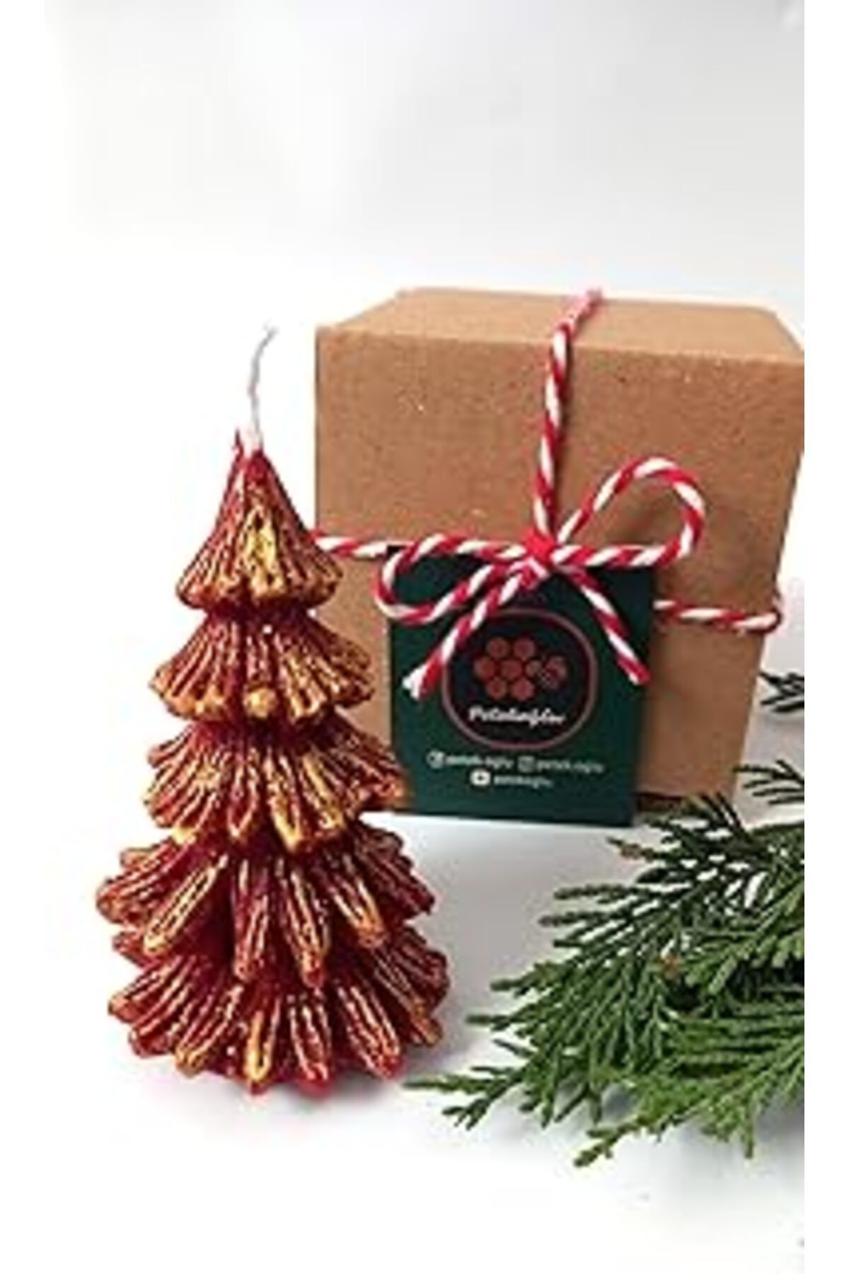 NETWORK ART Petekoğlu Doğal Petek Balmumu Mum Kırmızı Altın Simli Çam Ağacı Boy 8.5 Cm Bal Mumu Beeswax Candle