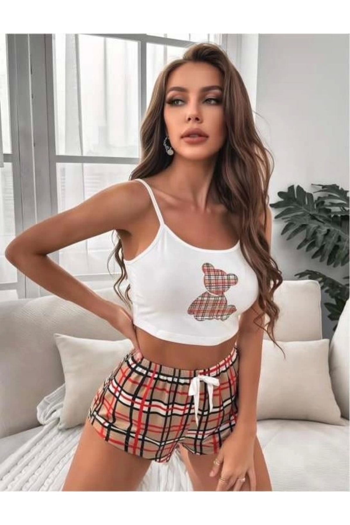 GiyimCity Ekoseli Ayıcık Desenli Askılı Şortlu Pijama Takımı