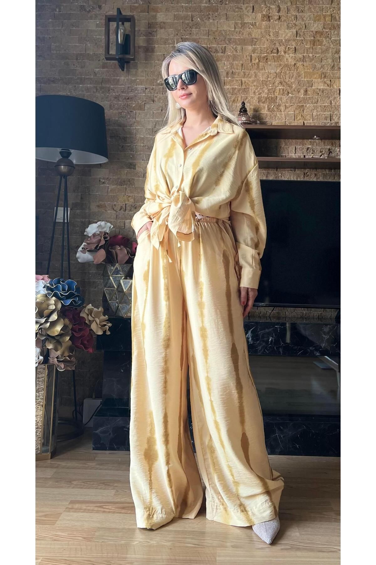 Cardella Kadın Modal Kumaş Oversize Gömlek ve Bol Paça Pantolon İkili Takım Tesettür Uyumlu