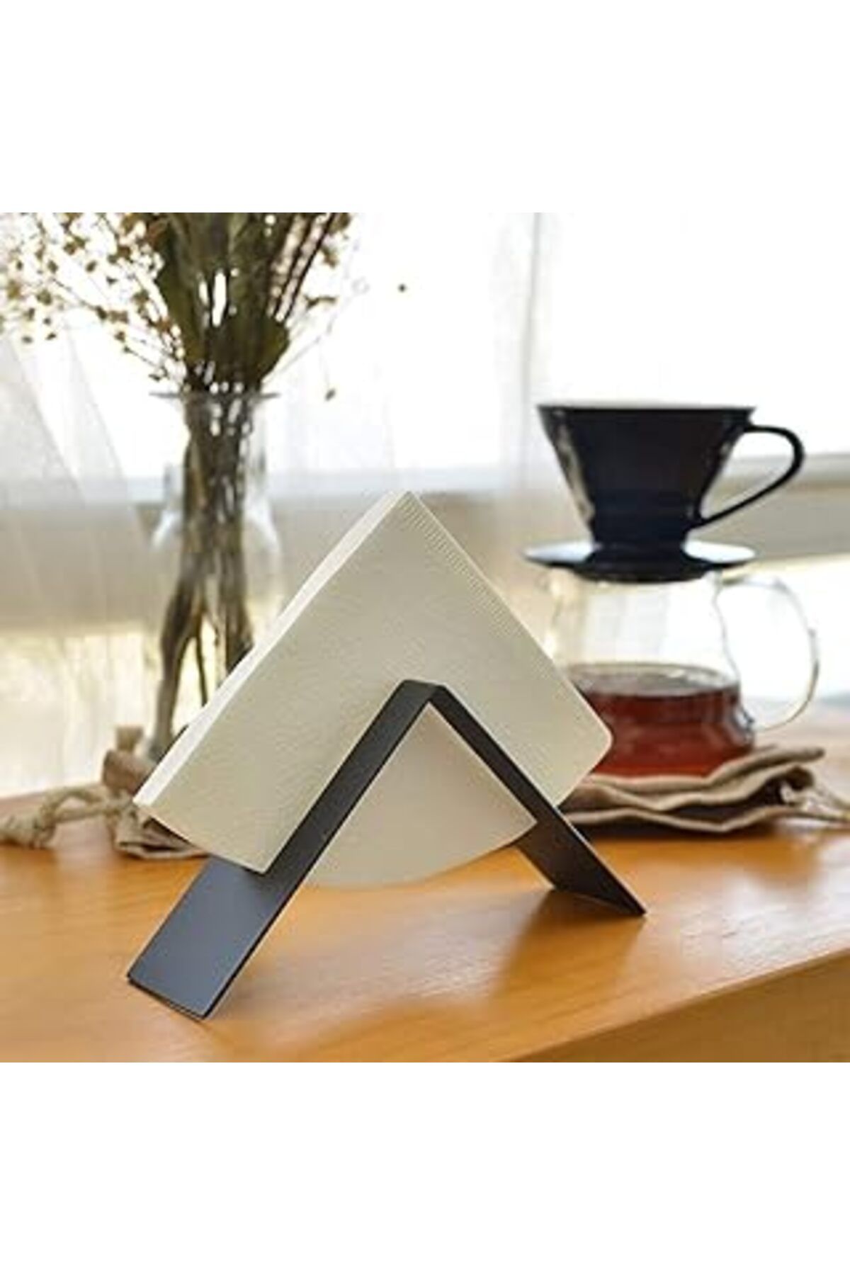 Mu Art Ahşap Filtre Kahve Kağıdı Tutucu Stand Aparatı Dekoratif Metal Peçetelik, Siyah