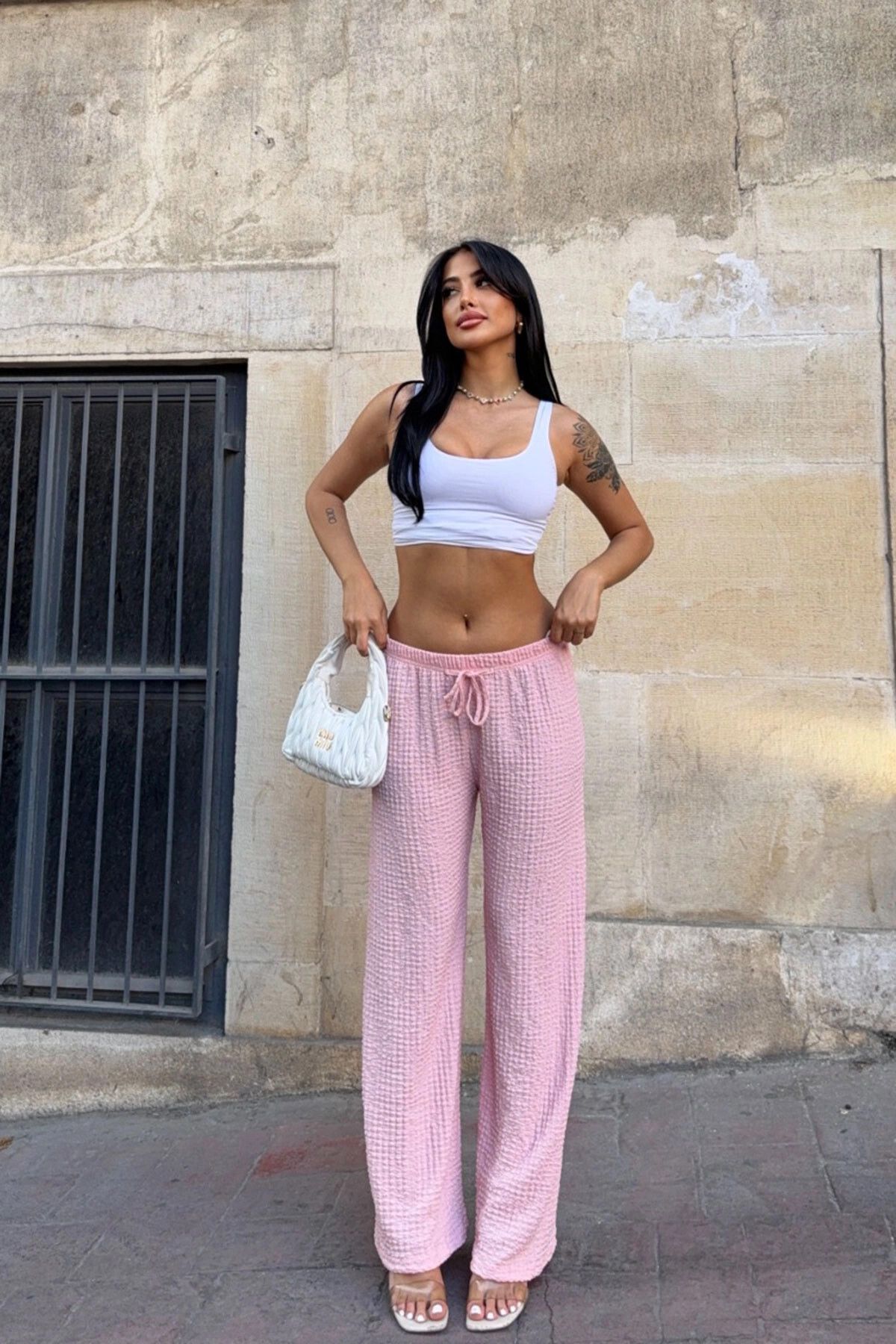 bacc-Pink Elastic Waist Tie Wrap Comfortable Cut Lycra Trousers Bcbt-251011 6