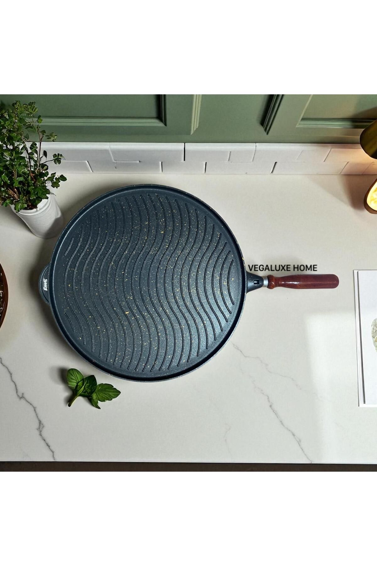 FMS Grill Döküm Granit Tava Çift Taraflı 36 Cm Yanmaz Yapışmaz Çok Amaçlı Siyah