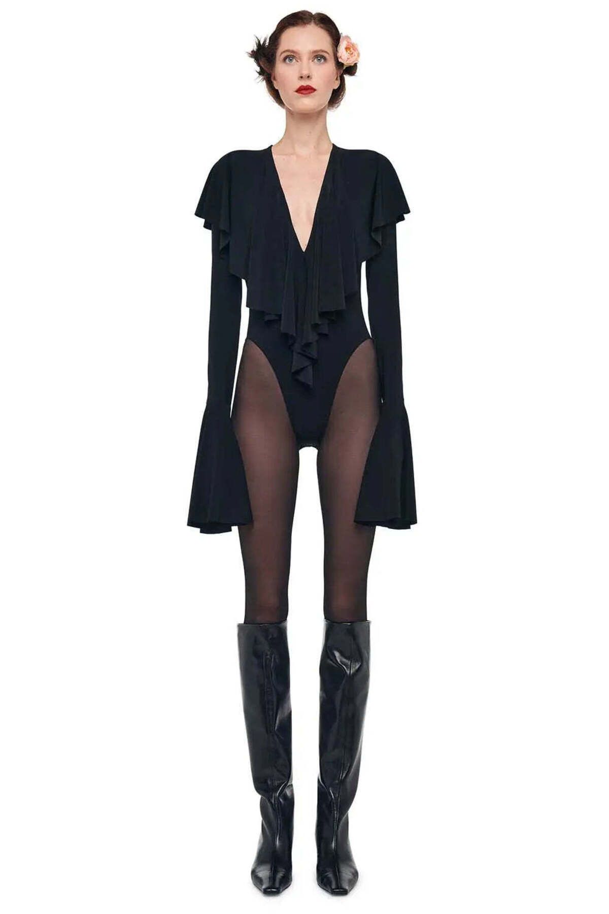 American Rag Cie Uzun Kollu Derin V Yaka Ruffle Bodysuit - Şık ve Rahat Tasarım
