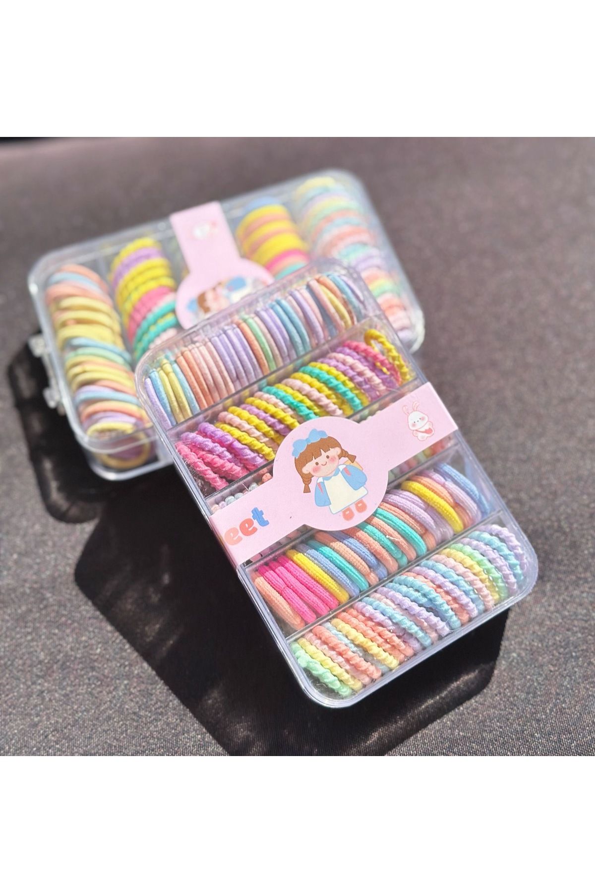 QUEEN AKSESUAR Canlı neon pastel karışık renkli rengarenk havlu ince küçük örgü lastik toka seti kutulu