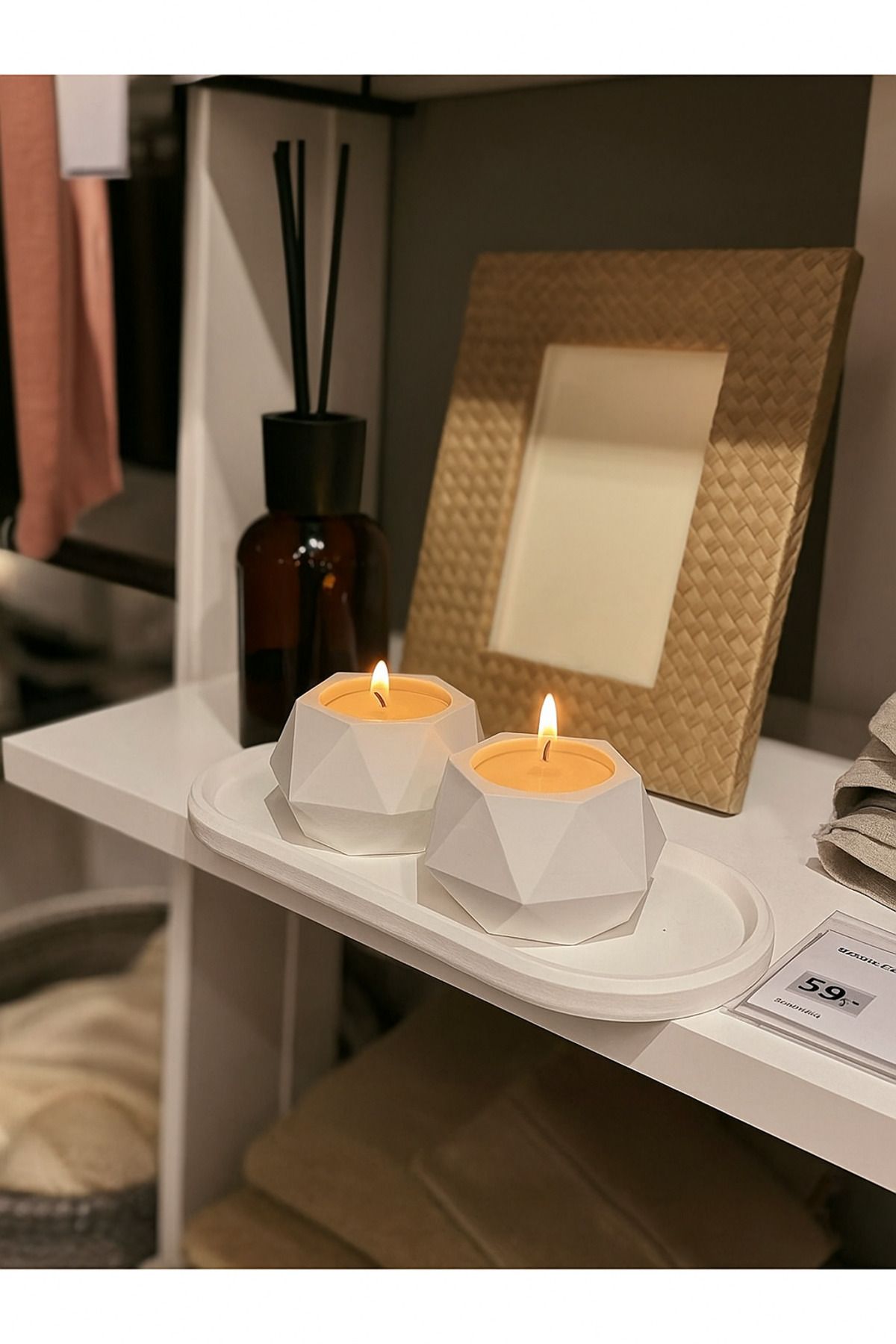 patienc Geometrik Tealight Beton Mumluk, Oval Tabaklı Dekoratif Hediyelik Set Ham Beyaz (3 parça)