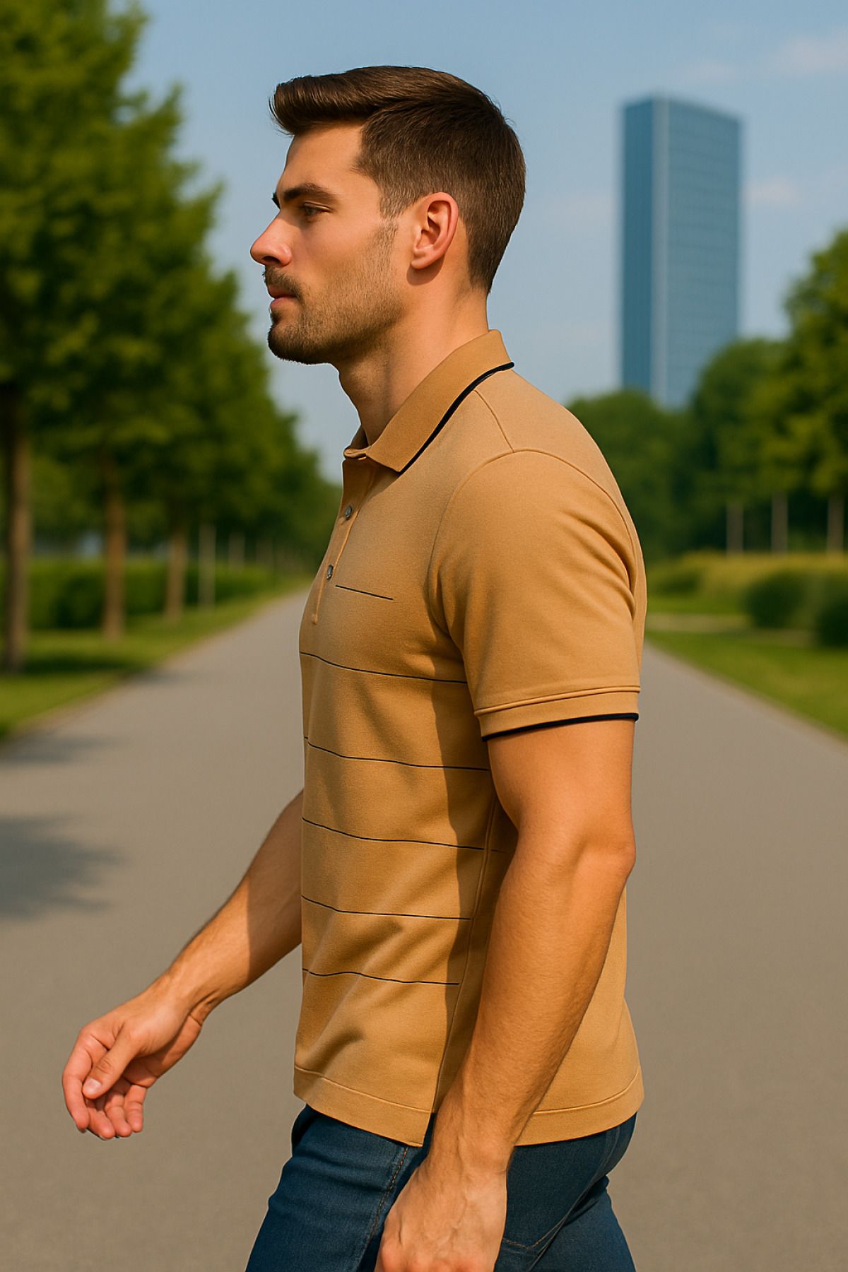 Maccali Erkek Çizgili Pamuklu Camel Polo Yaka Basic Tişört