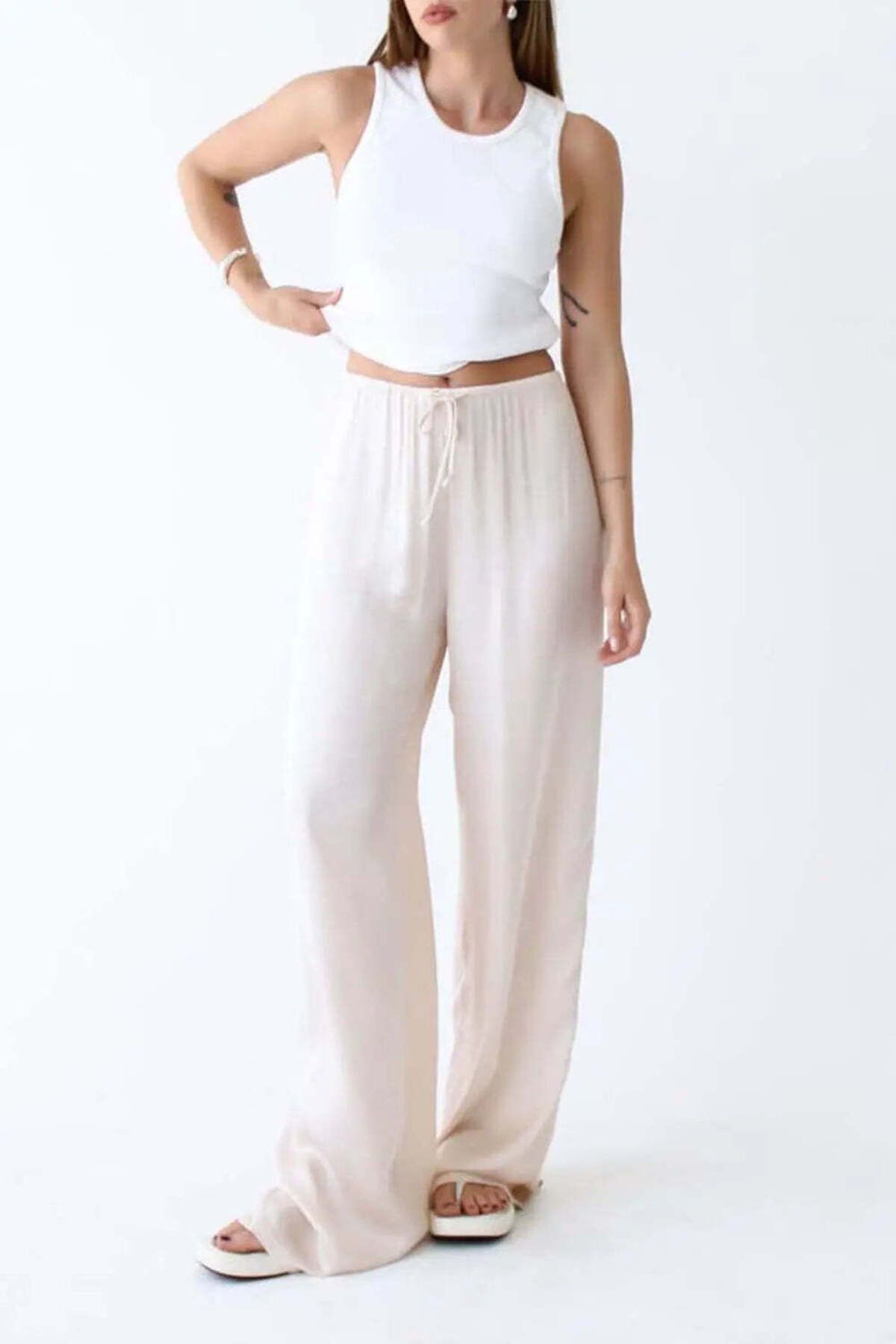 American Rag Cie Yüksek Bel Relaxed Cape Pant - Ayarlanabilir Çizgili Bel ve Düşük Alerjik Saten