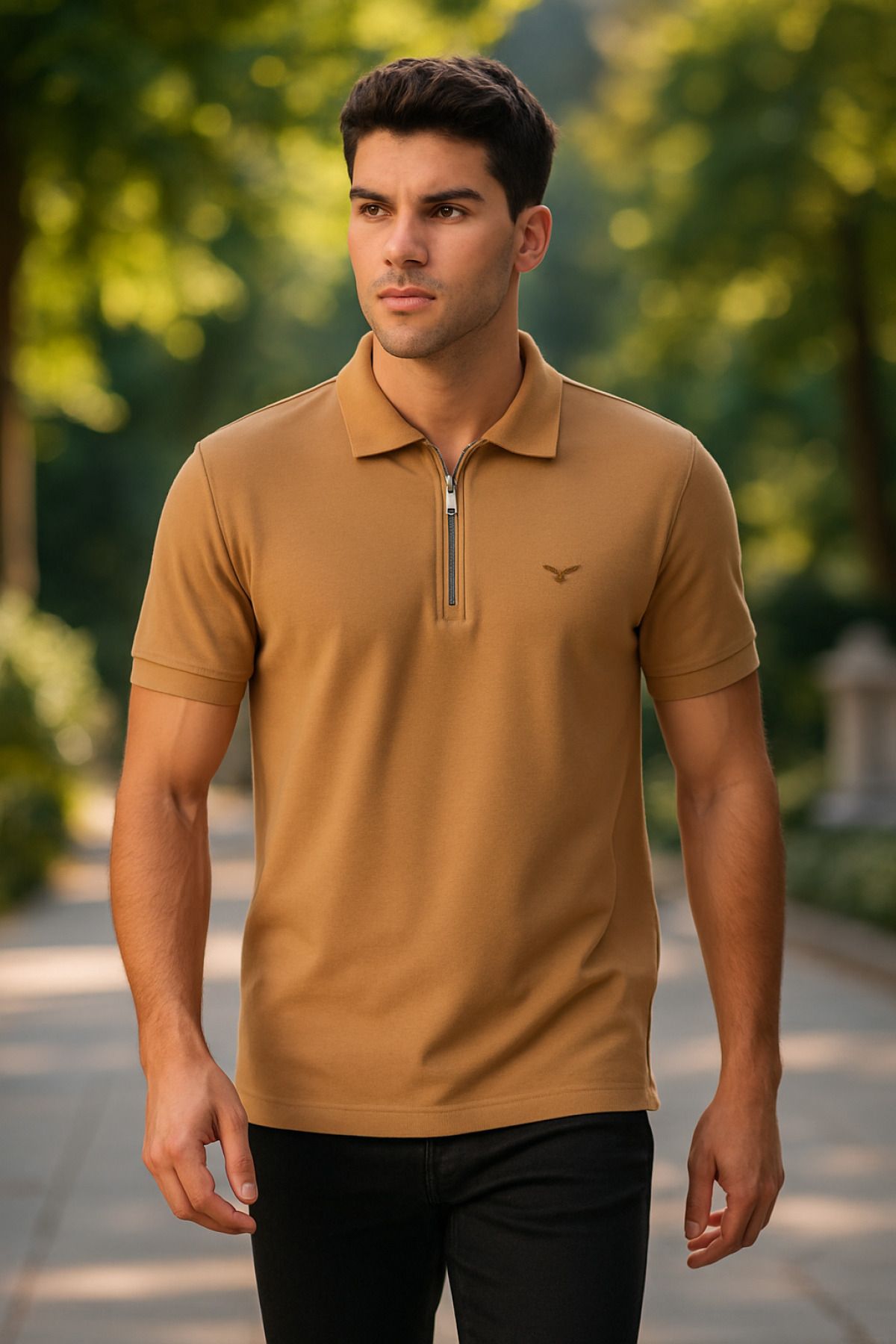 Maccali Erkek Kısa Kol Fermuarlı Basic Camel Polo Yaka Tişört