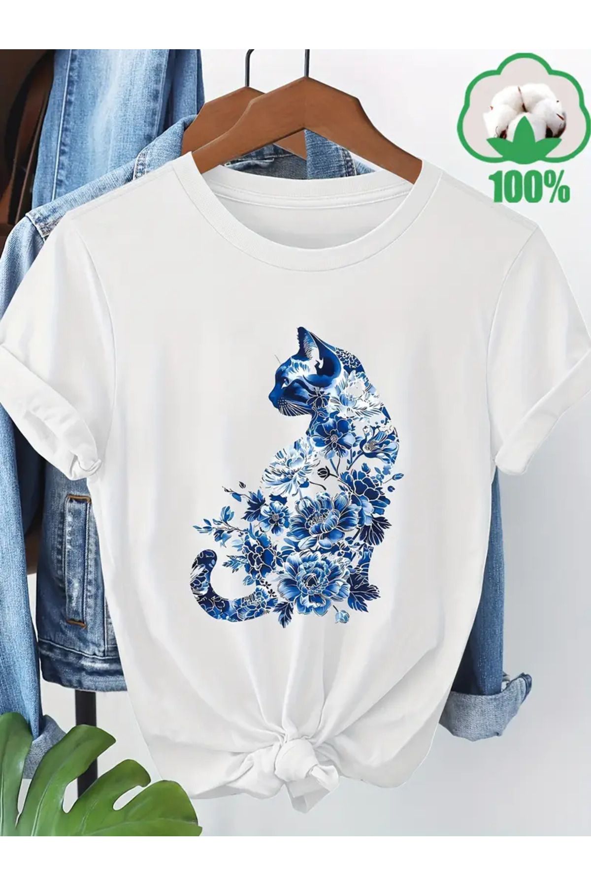 CLASİVA Kedi ve Çiçek Unisex Oversize Bisiklet Yaka T-shirt