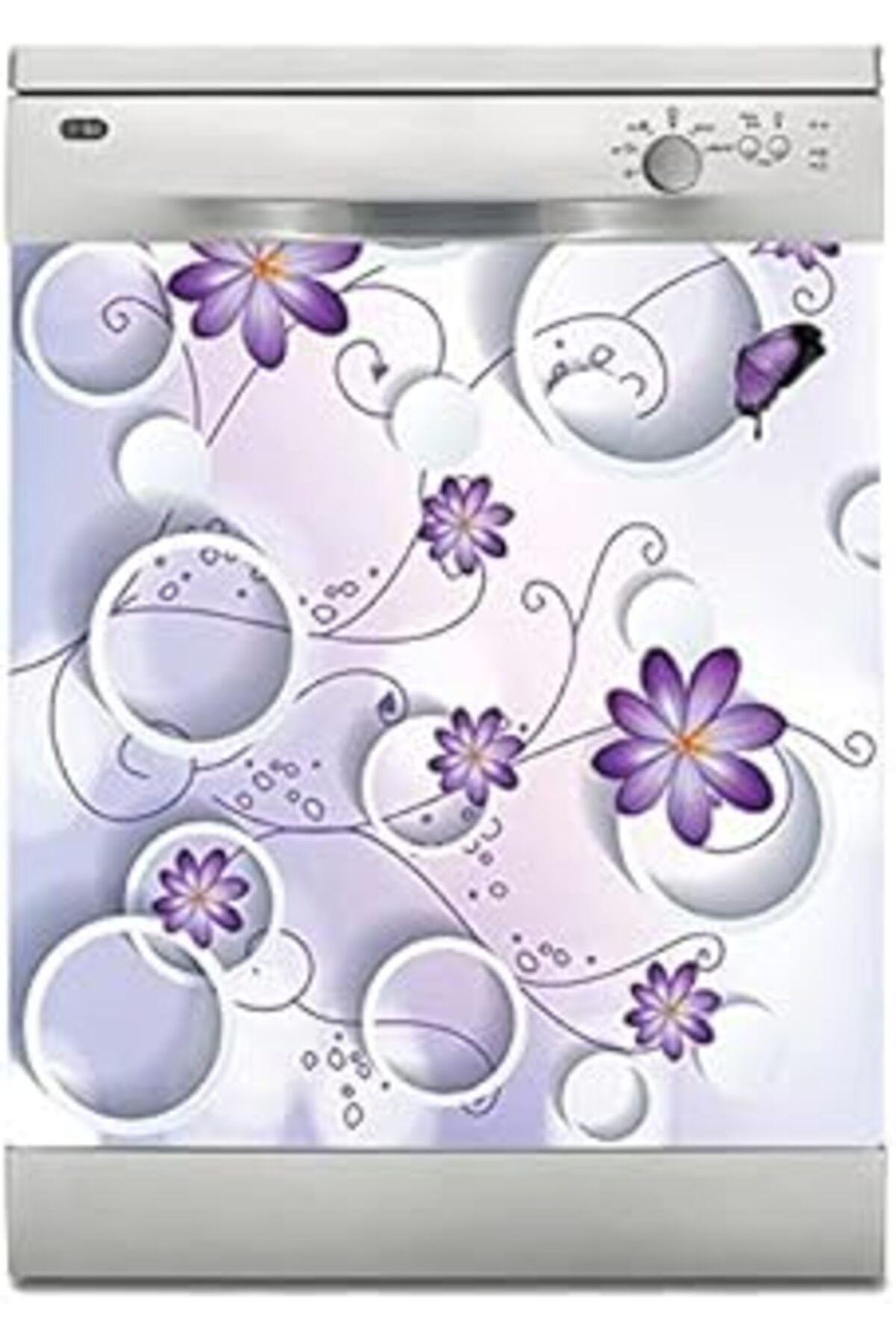 NETWORK ART Bulaşık Makinesi Sticker Kaplama Beyaz Eşya Kaplama Mor Çiçek Yuvarlak