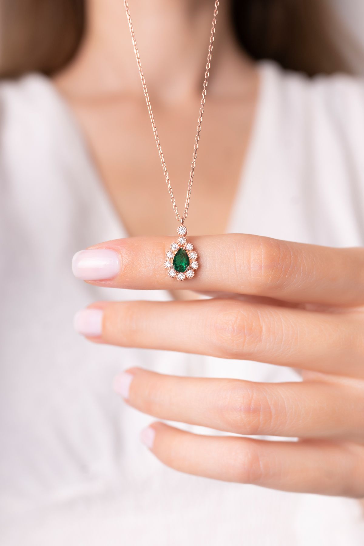ASLANA 925 Ayar Gümüş Rose Damla Safir Taşlı Kolye