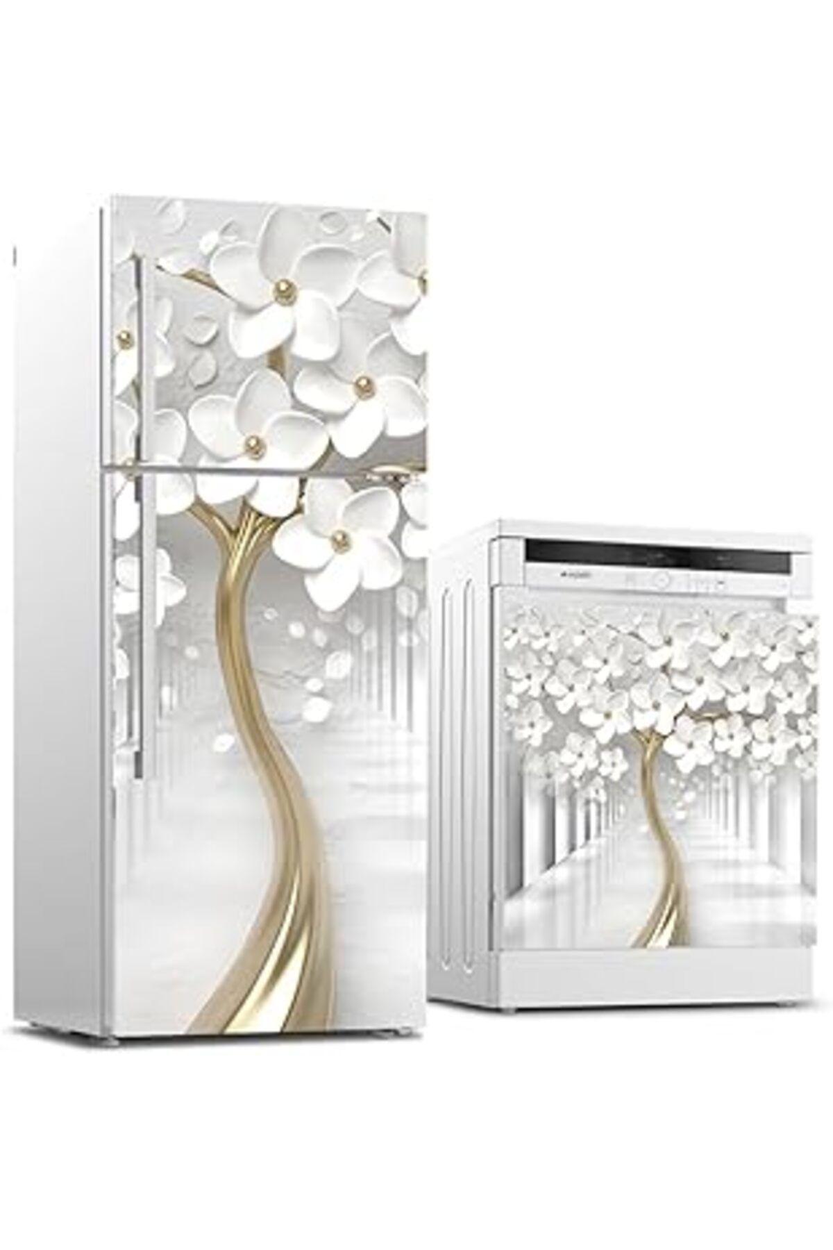 NETWORK ART Buzdolabı Ve Bulaşık Makinası Beyaz Eşya Sticker Kaplama 3D Beyaz Ağaç