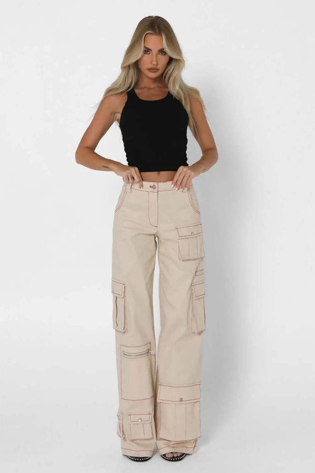 American Rag Cie Tyler Low Waisted Cargo Pants - Rahat Fit, Çeşitli Cepler ve Kontrast Dikiş