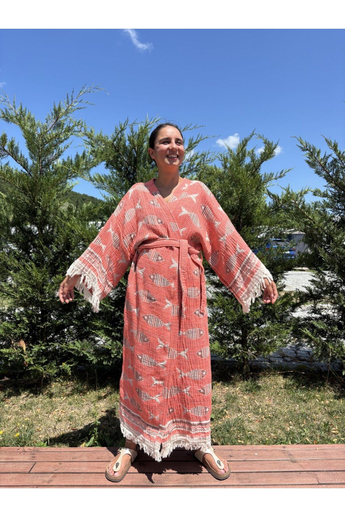 Bohoyasam Balık Desenli Unisex Kaftan, %100 Organik Pamuk, Bohem Kimono, 3 Kat Dokuma, Ev Bornozu, Uzun Kimono