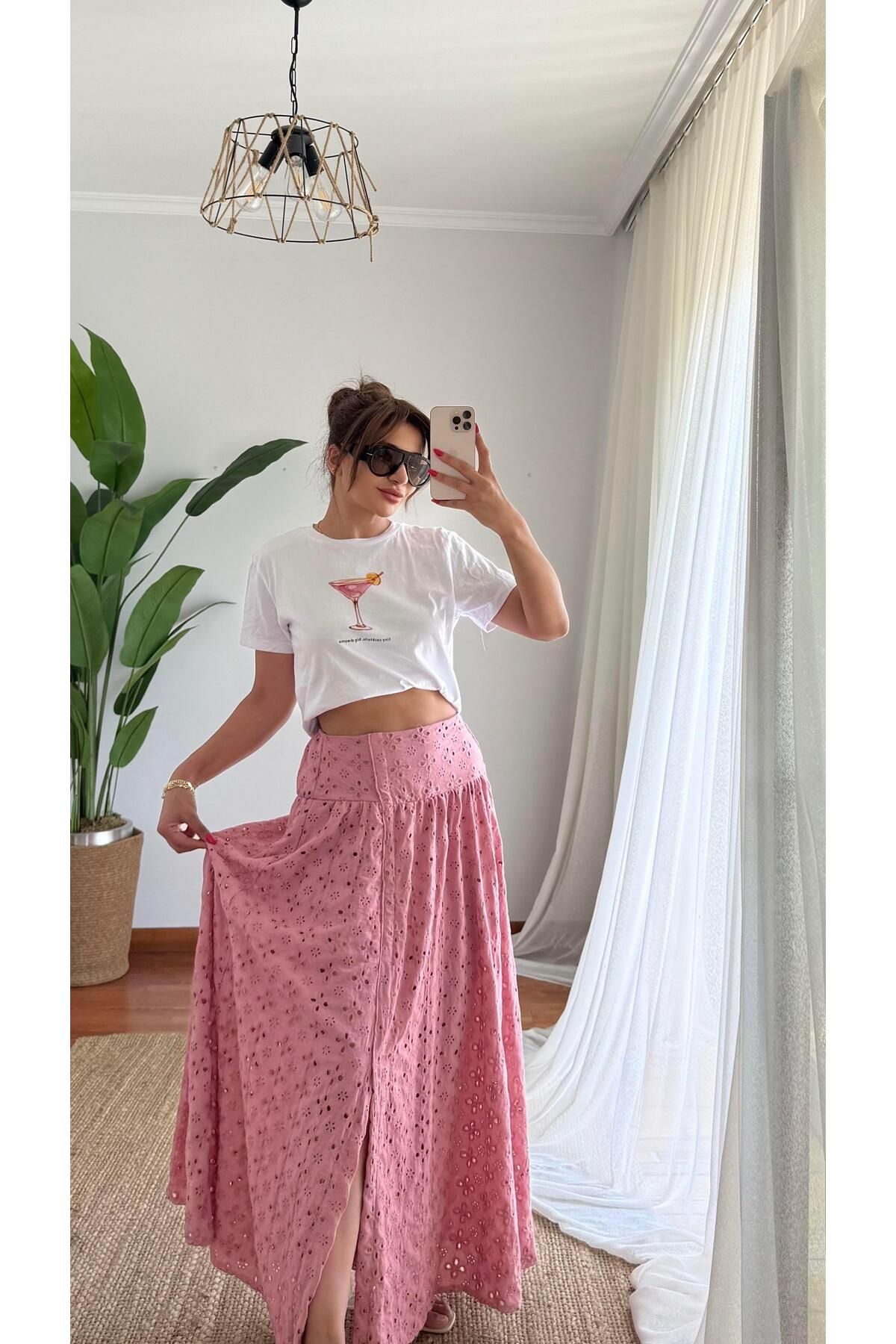 Daves Pamuklu Brodeli Pembe Renk Etek