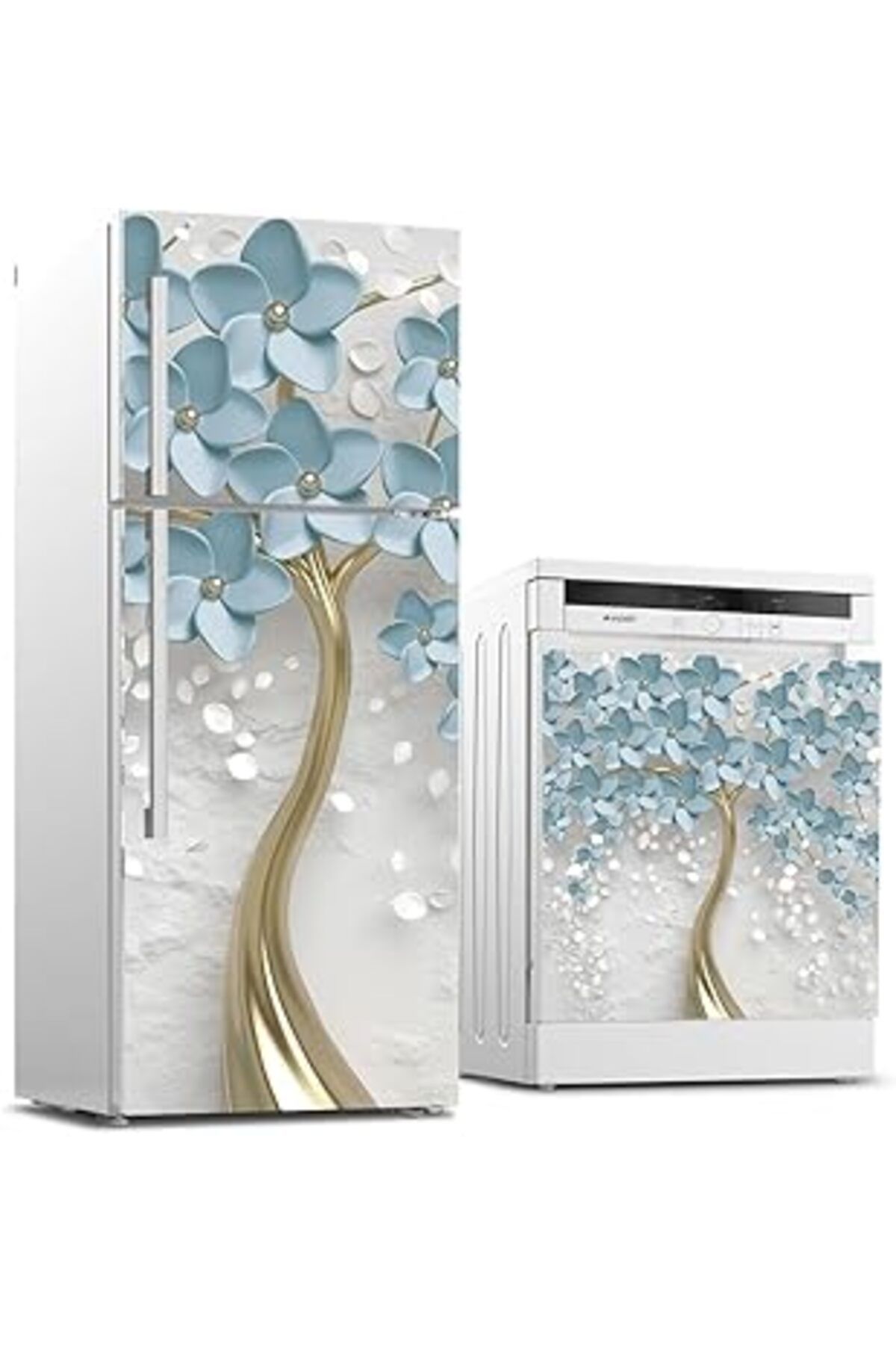 Roses Store Buzdolabı Ve Bulaşık Makinası Beyaz Eşya Sticker Kaplama 3D Mavi Yaprak
