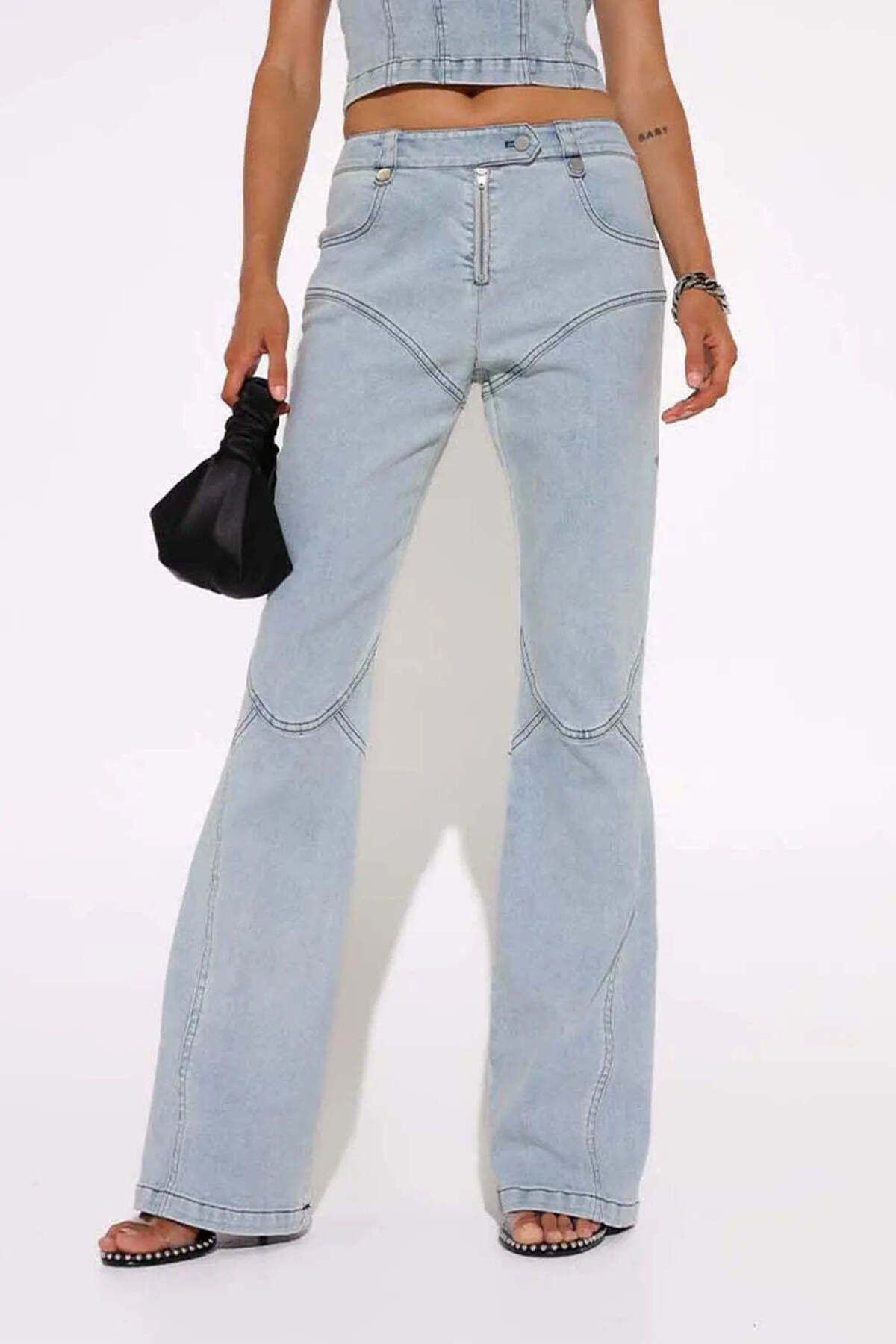 American Rag Cie Leon Jeans: Yüksek Bel, Boot Cut, %100 Pamuk, Açık Mavi Moda Pantolon