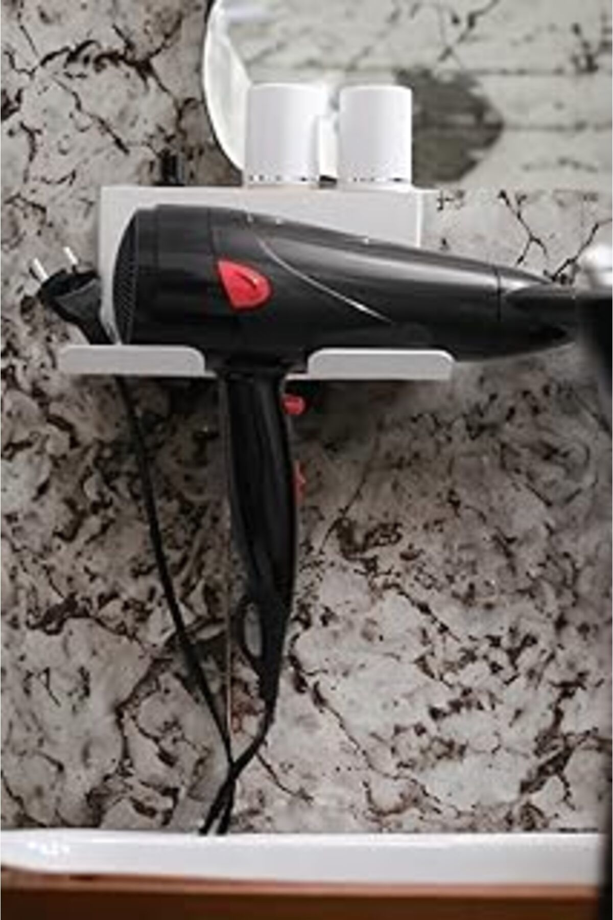 Mu Art Ahşap Beyaz Metal Yapışkanlı Saç Kurutma Askısı, Yapışkanlı Banyo Düzenleyici Organizer Fön Makinelik Mt8