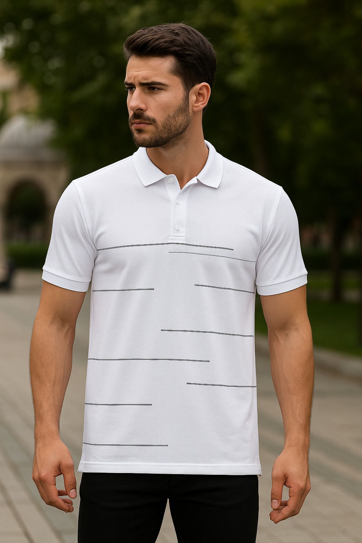 Maccali Erkek Çizgili Pamuklu Beyaz Polo Yaka Basic Tişört