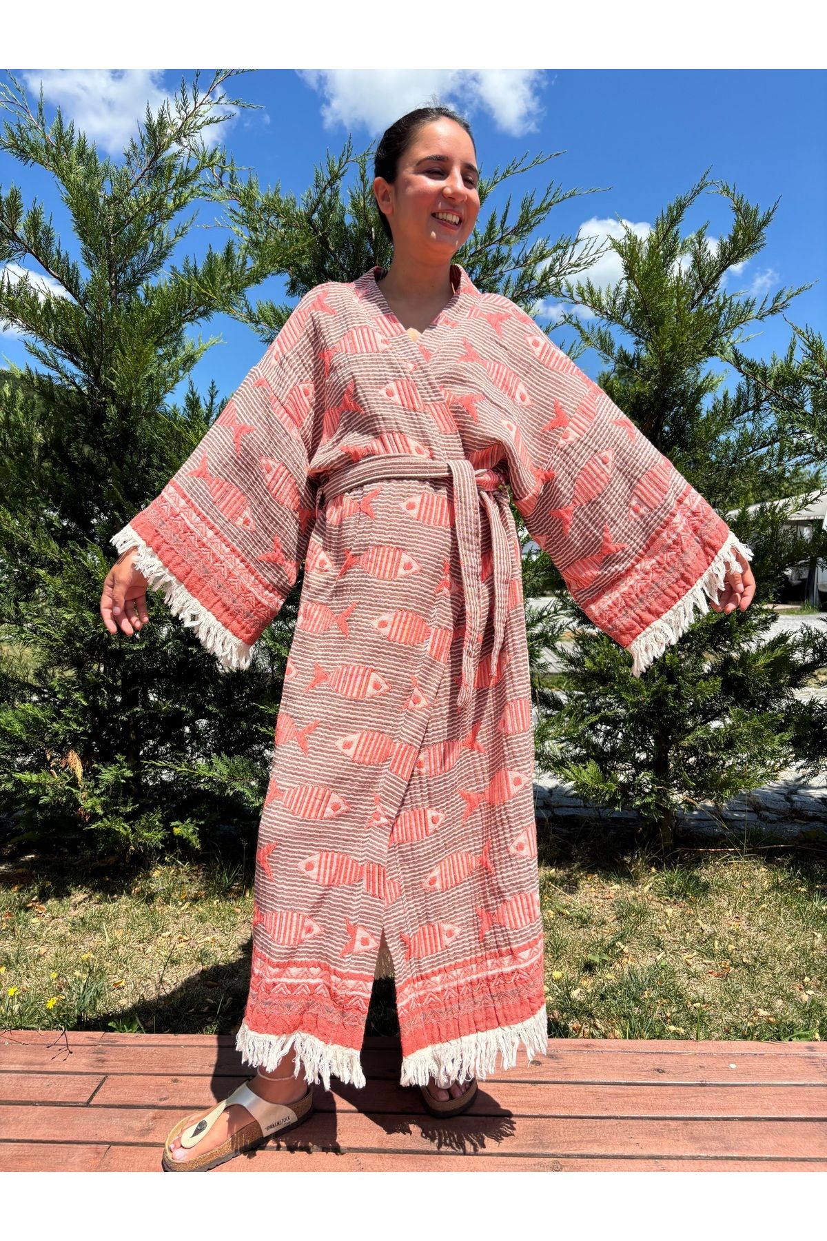 Bohoyasam Balık Desenli Unisex Kaftan, %100 Organik Pamuk, Bohem Kimono, 3 Kat Dokuma, Ev Bornozu, Uzun Kimono