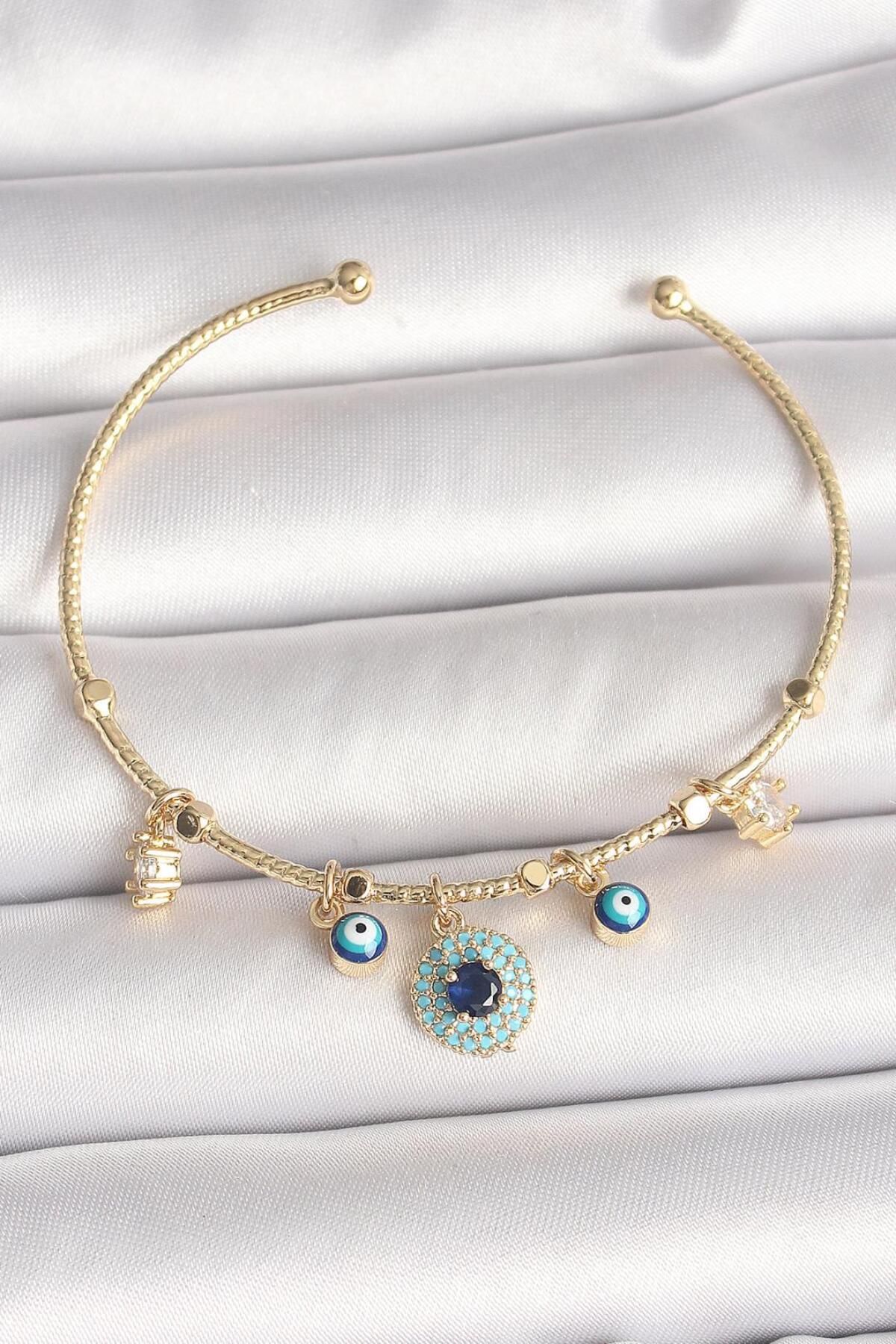 REBORN DESIGN Pirinç Gold Renk Zirkon Taşlı Nazar Boncuk Detay Charm Kadın Bileklik