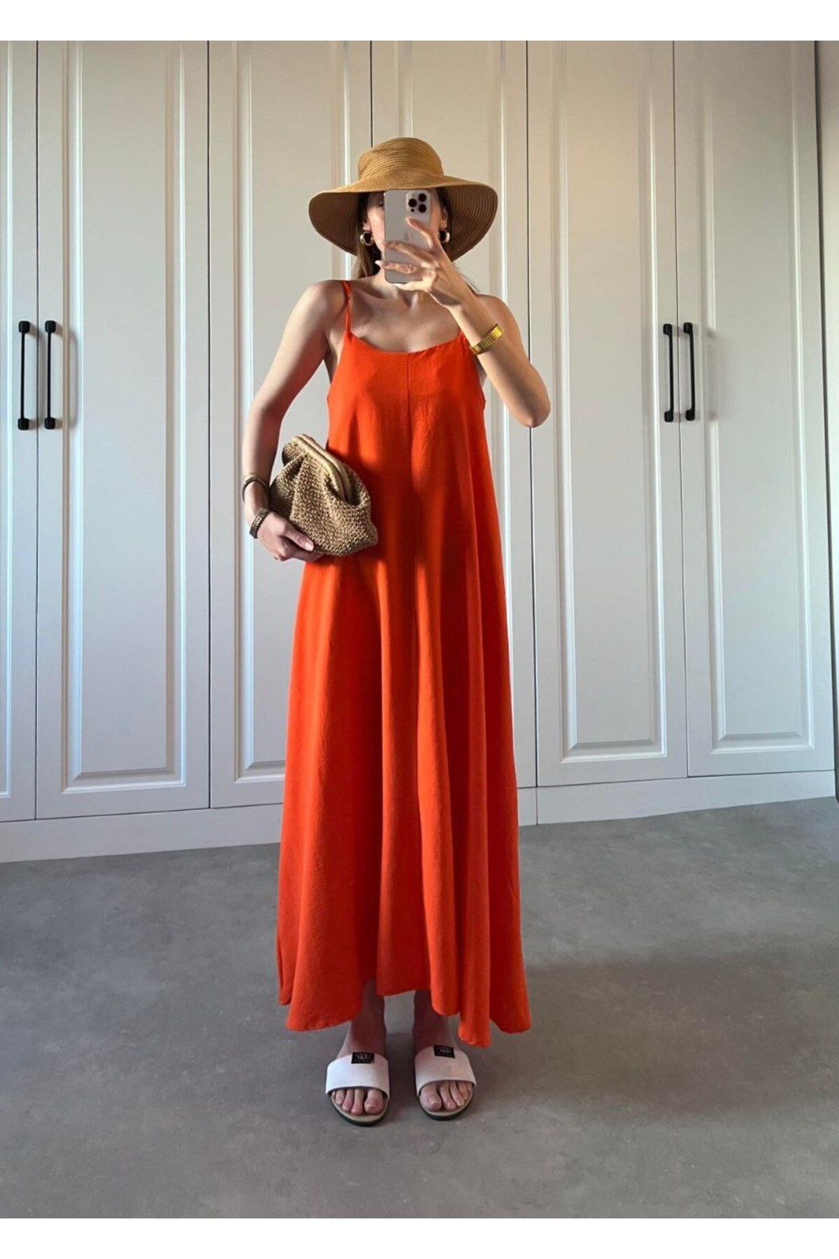 Lovely butik KADIN YAZLIK İNCE ASKILI KETEN UZUN ELBİSE