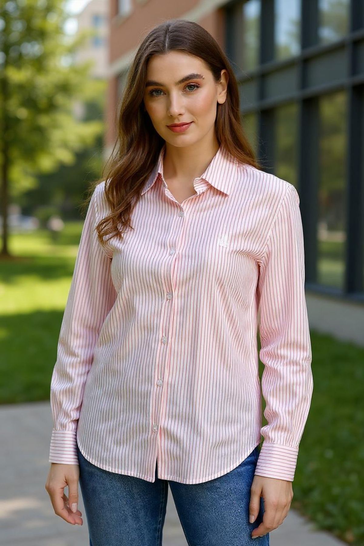 Oveva Kadın Pembe Çizgili Oversize Gömlek