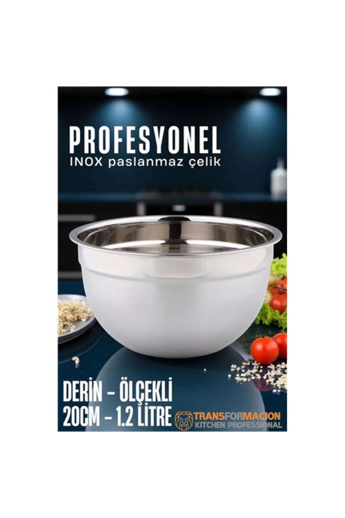 Toptan Bulurum Inox Ölçekli Derin Kase - 20 Cm 1.2 Litre Karıştırma Kabı Profesyonel 304 Paslanmaz Çelik