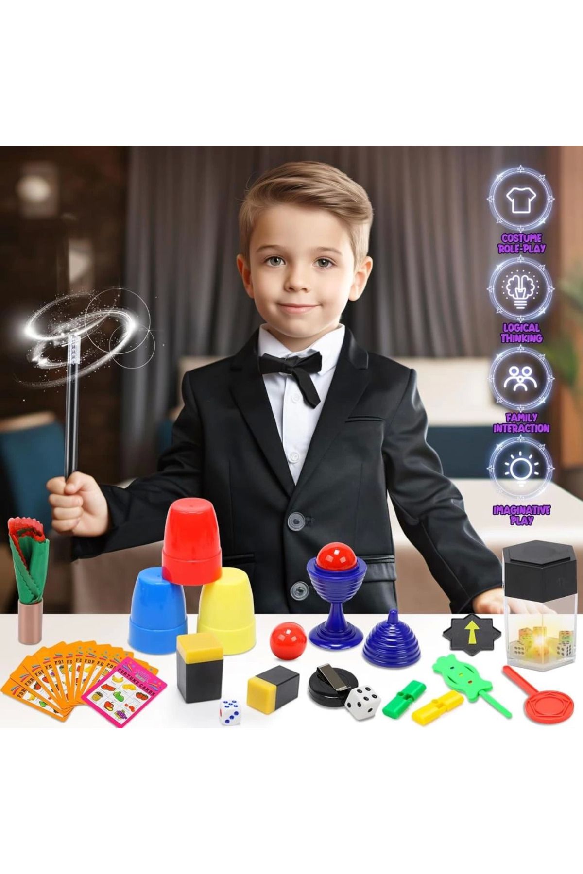 adden BFS Sihirbazlık Seti - İllüzyon Oyunları Full Set -Kupa-çoğalan zar-Baston-Tobala-çiçek-5 Parça