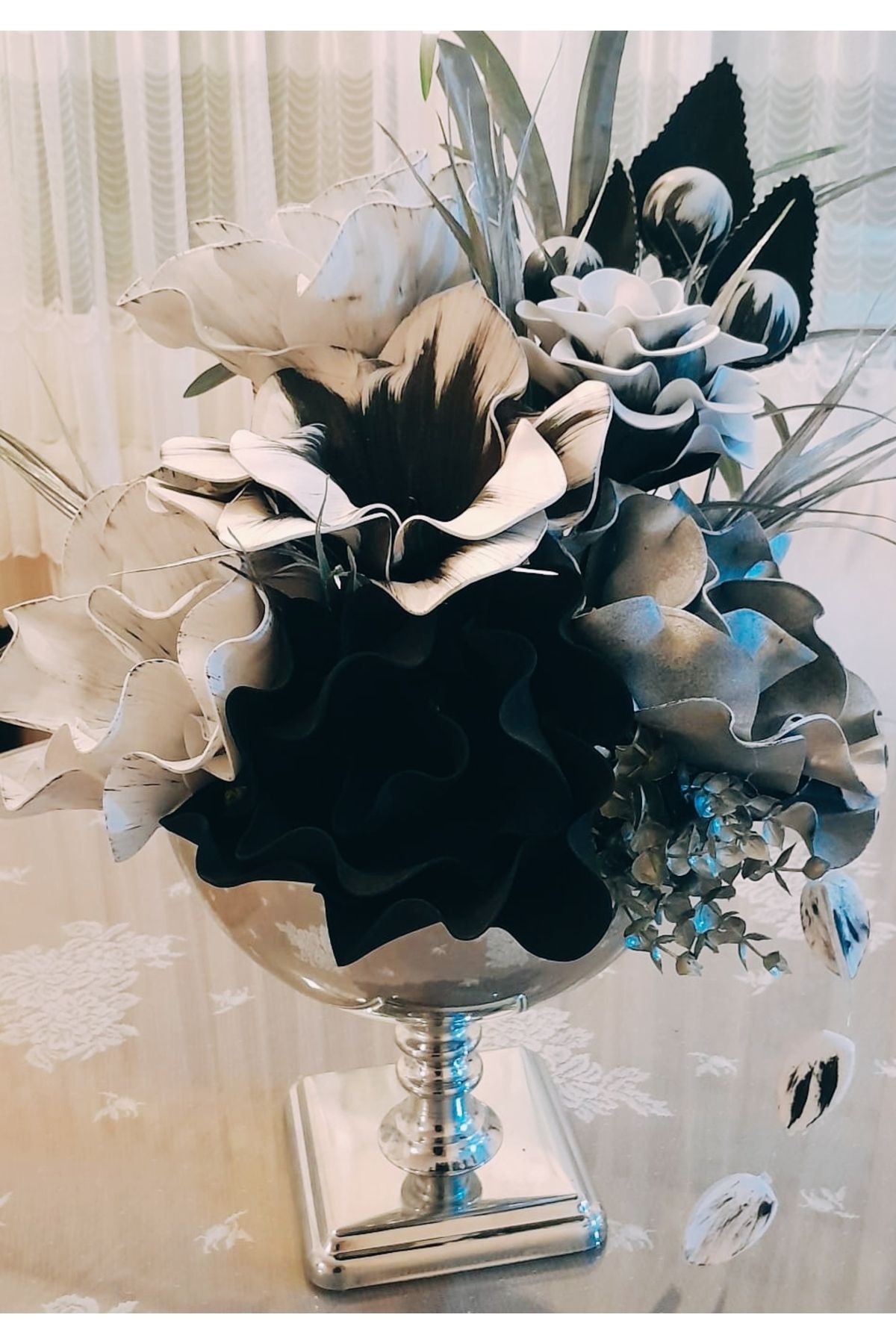 Hatem dekor flower Yapay çiçek lateks ayaklı gümüş metal vazoda dekoratif aranjman hediyelik