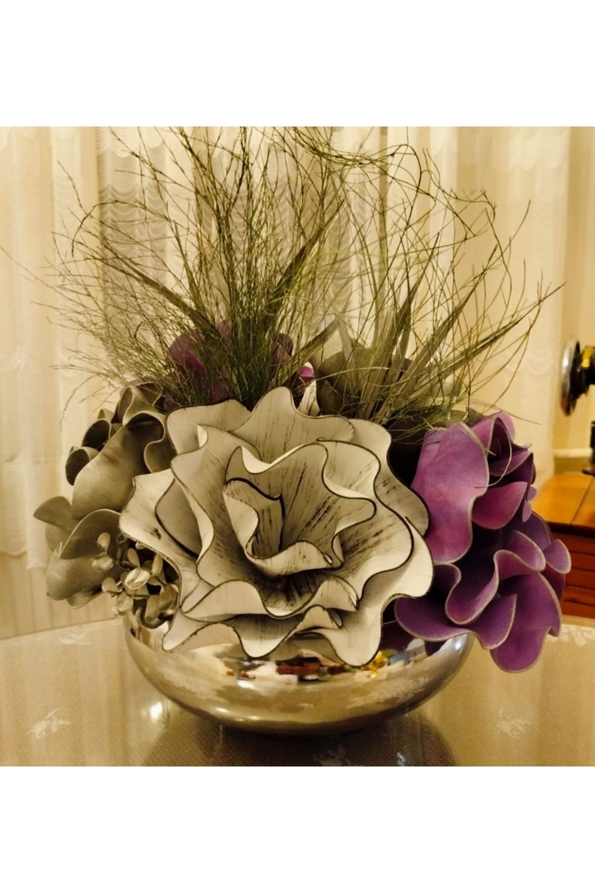 Hatem dekor flower Yapay çiçek lateks gümüş renk metal vazoda çiçek aranjman dekoratif hediye lik ürün