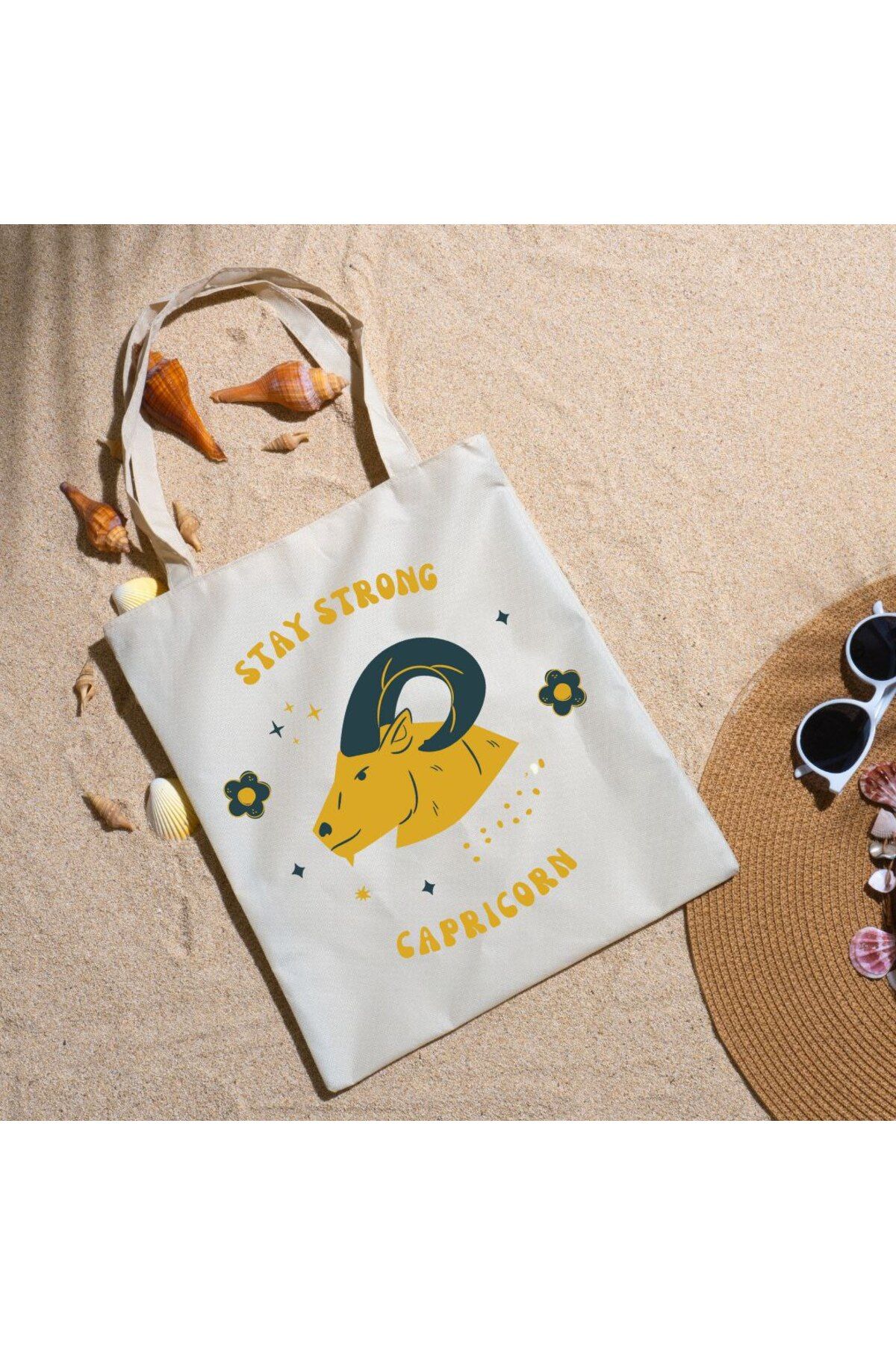 Alaa Butik Online Stay Strong Capricorn Yazılı Oğlak Burcu Kararlı ve Dayanıklı Astroloji Bez Çanta 35x40 cm
