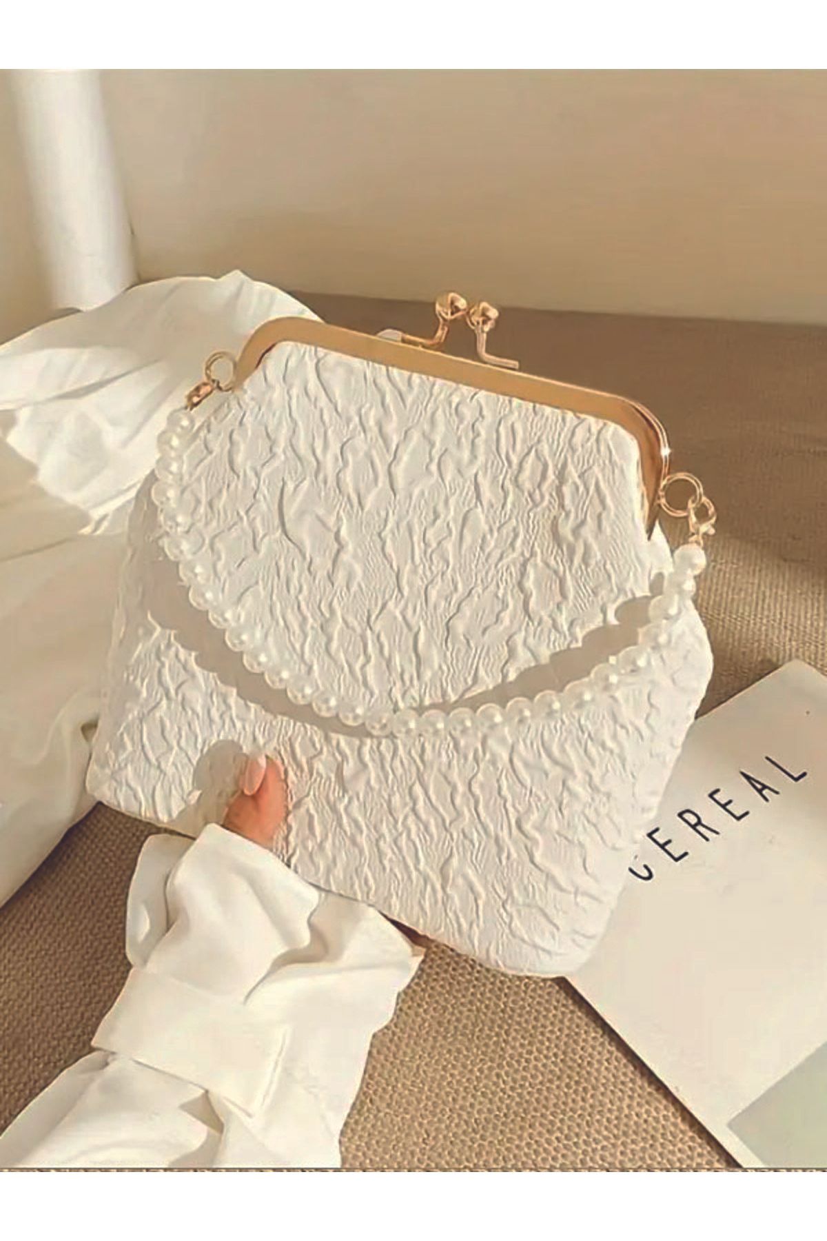 ÇANTA Tote Altın Ton Detay Omuz Çantası Elegant İnci & Zincir Askı El Çantası, Akşam Çantası Düğün Abiye