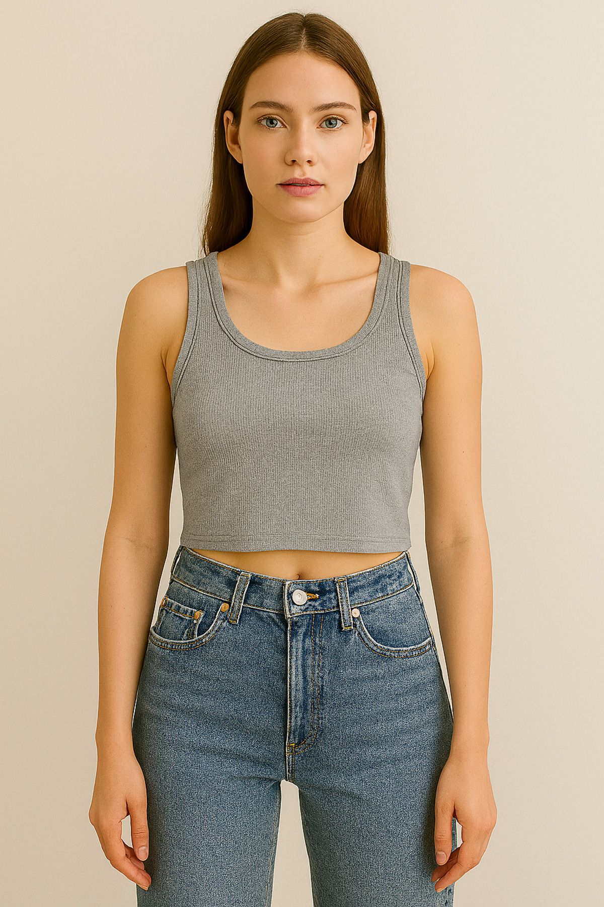Fibula Moda Kadın Gri Kaşkorse Geniş Askılı Crop