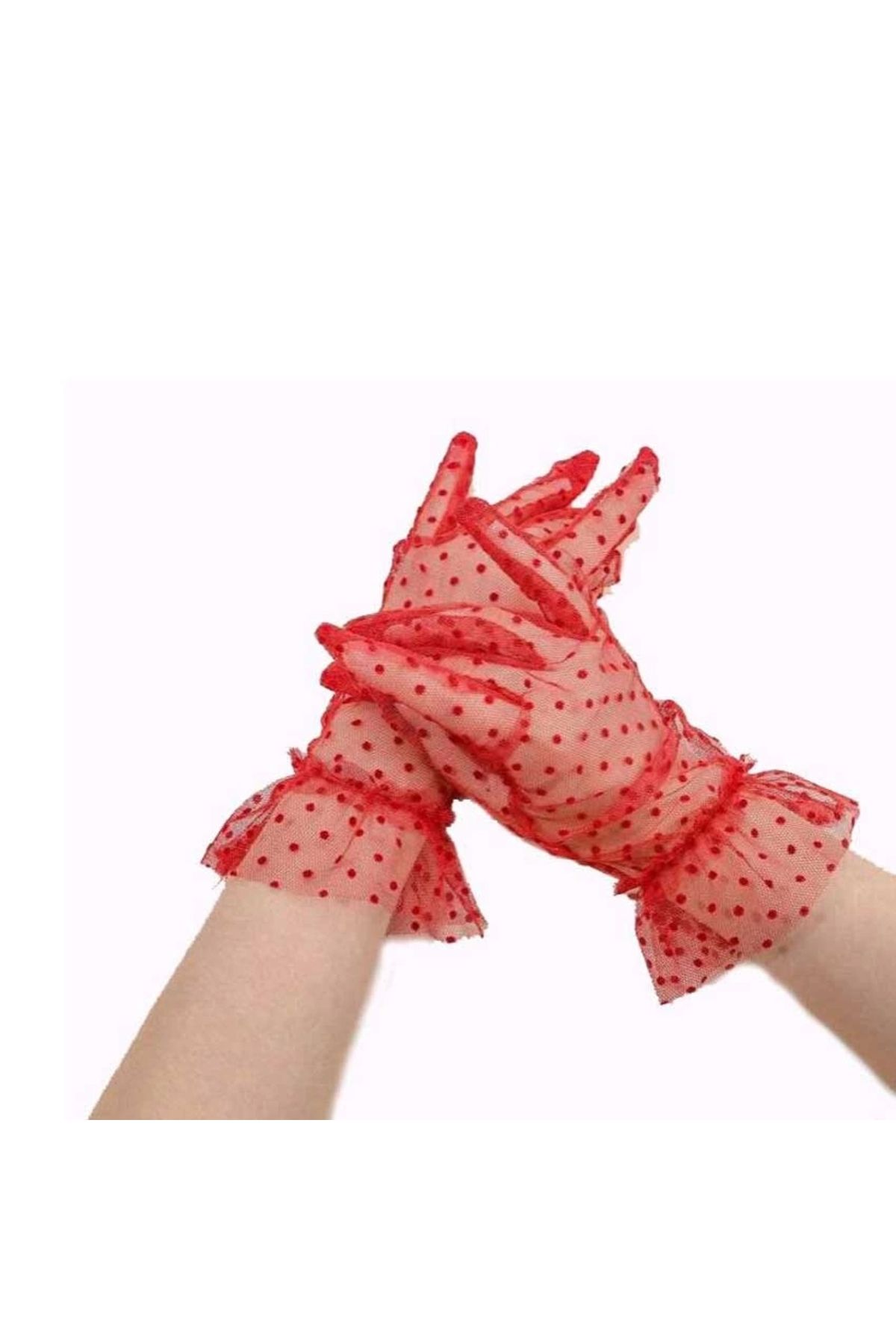 shopwave Kısa Boy Güpürlü Kırmızı Puantiyeli Tül Eldiven Kırmızı Renk