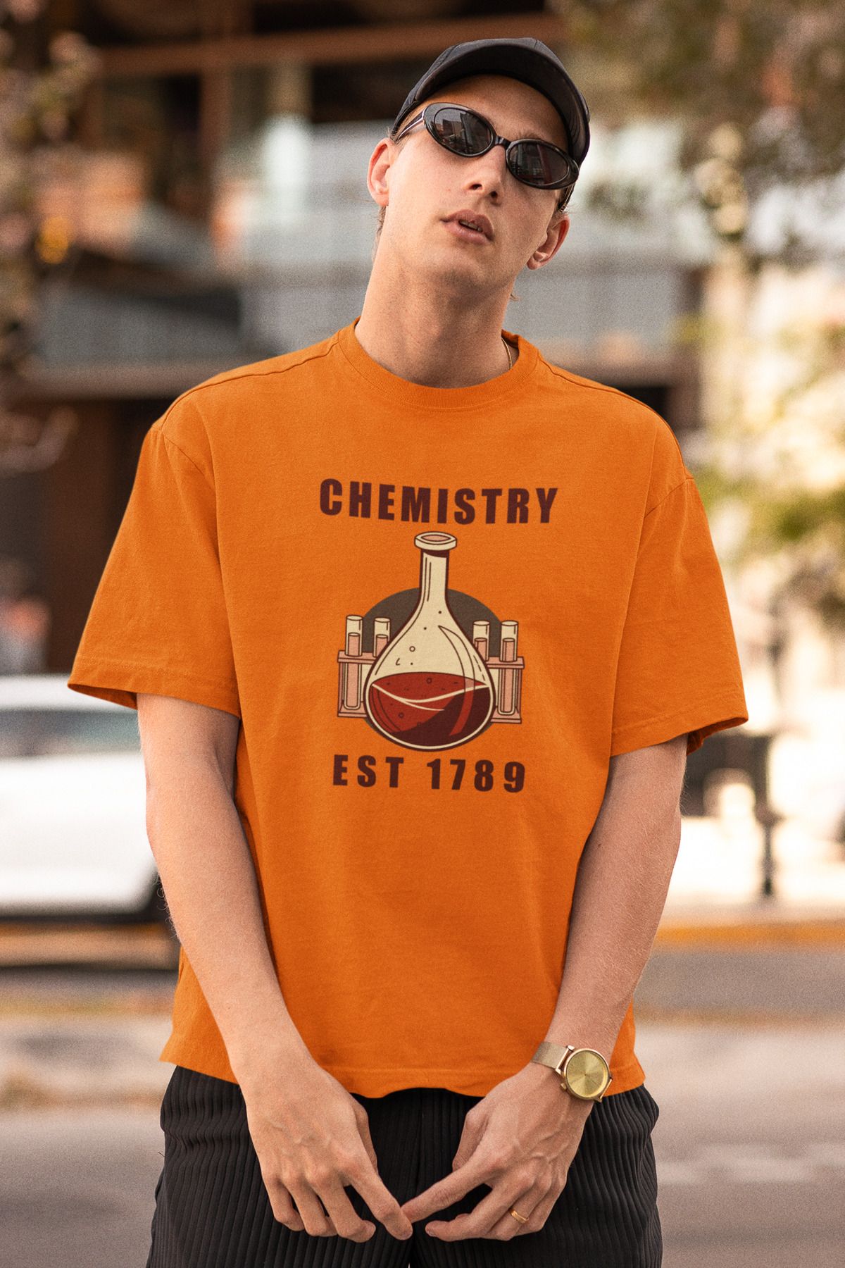 Uniquetex NUBENSE / KİMNE-19 - Oversize Unisex Kimya Baskılı Turuncu Bisiklet Yaka T-shirt (Bilim Tişört)