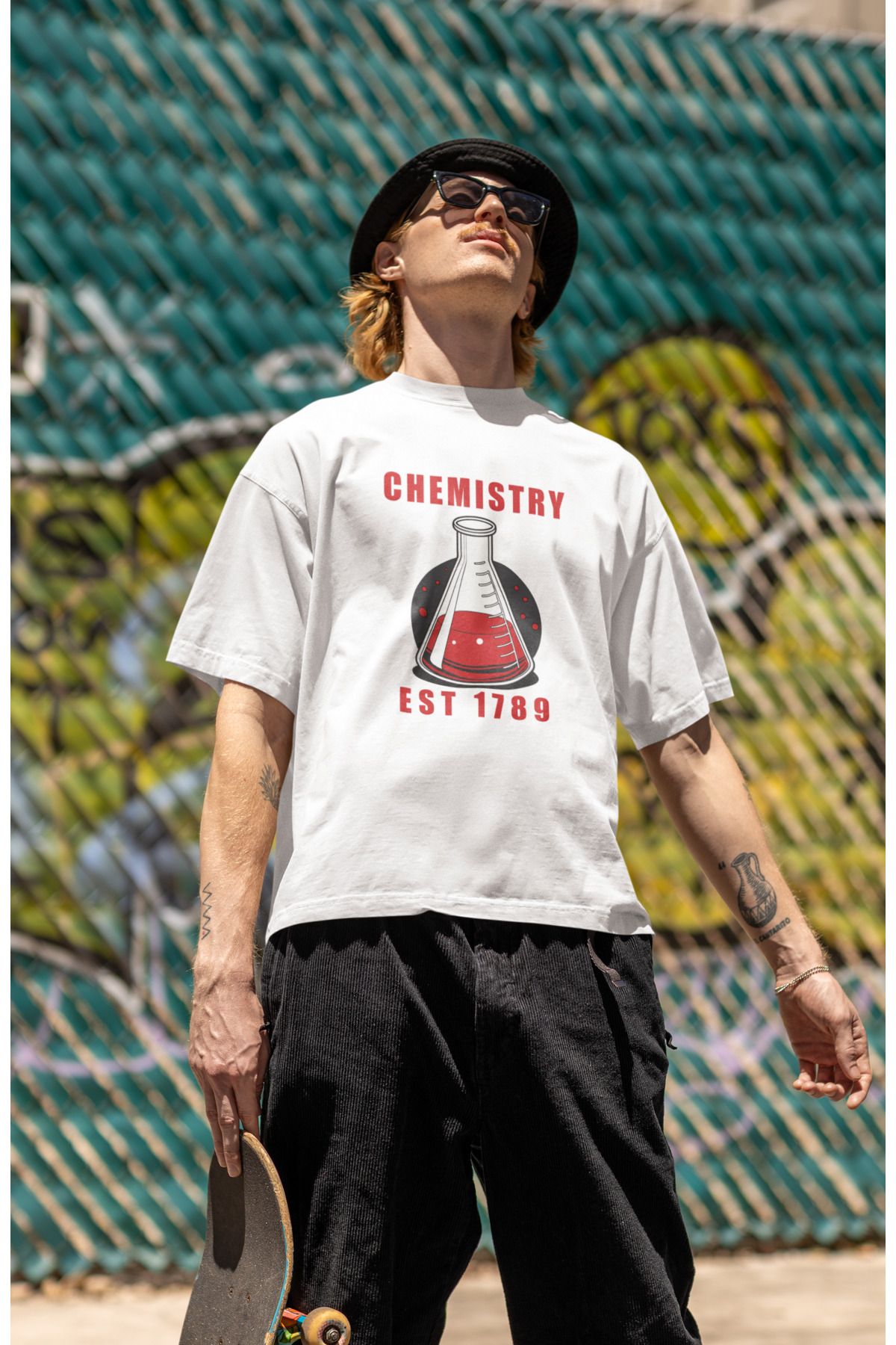 Uniquetex NUBENSE / KİMNE-23 - Oversize Unisex Kimya Baskılı Beyaz Bisiklet Yaka T-shirt (Bilim Tişört)