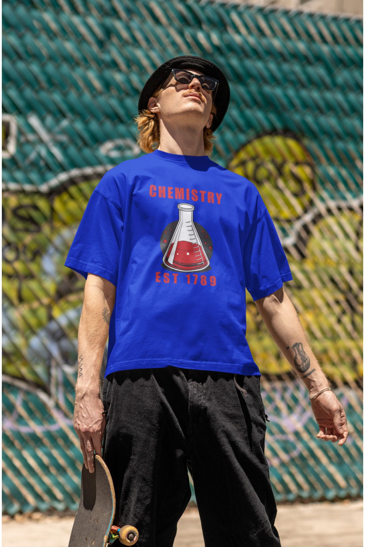 Uniquetex NUBENSE / KİMNE-26 - Oversize Unisex Kimya Baskılı Sax Mavi Bisiklet Yaka T-shirt (Bilim Tişört)