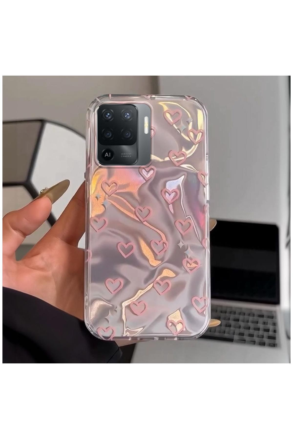 Zebana Oppo A94 Uyumlu Kılıf Zebana Pink Heart Silikon Kılıf Pembe