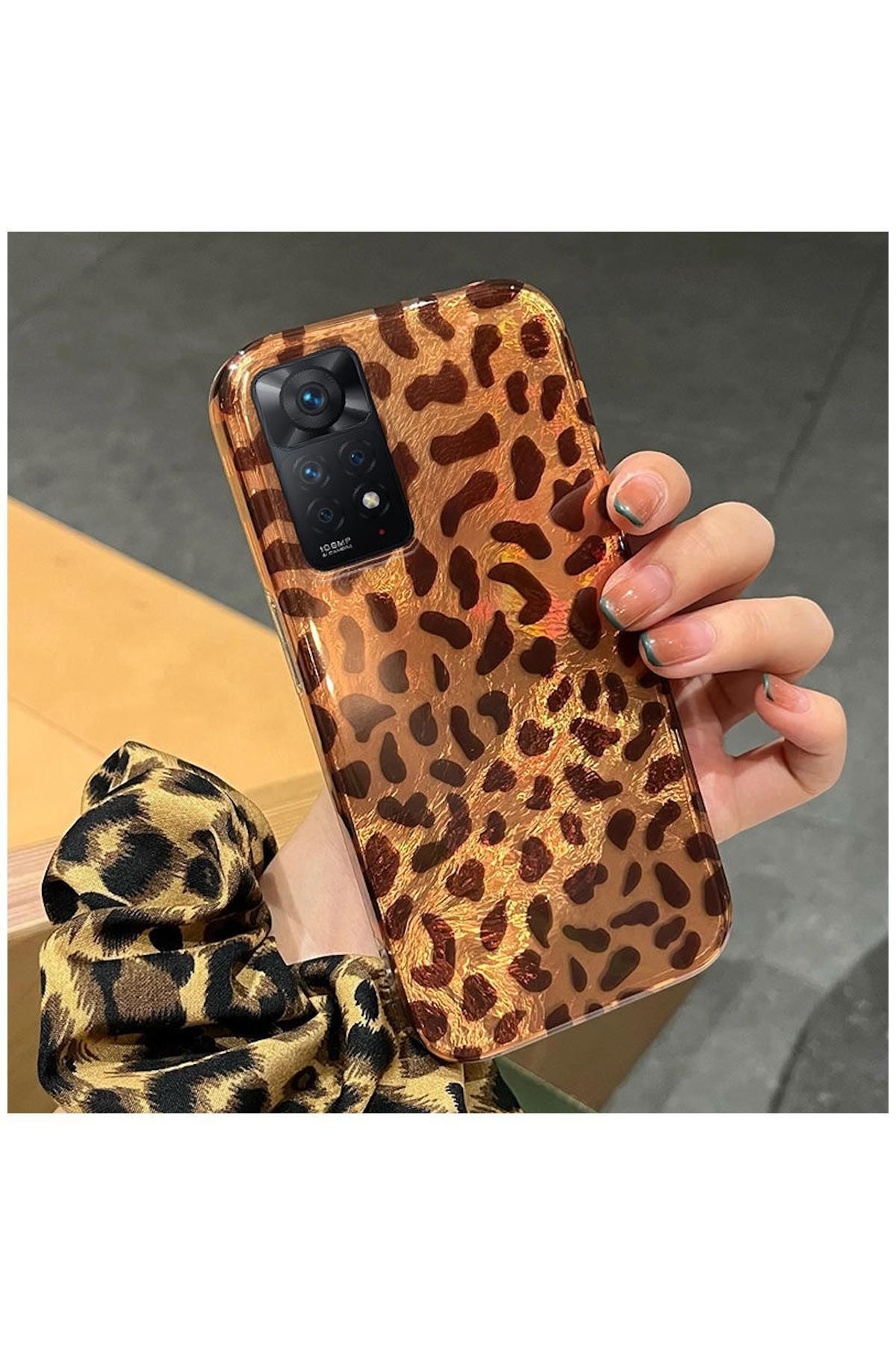Pro Aksesuar Xiaomi Redmi Note 11 4G Uyumlu Kılıf Lüx Leopar Desenli Silikon Kılıf Desert Titanyum