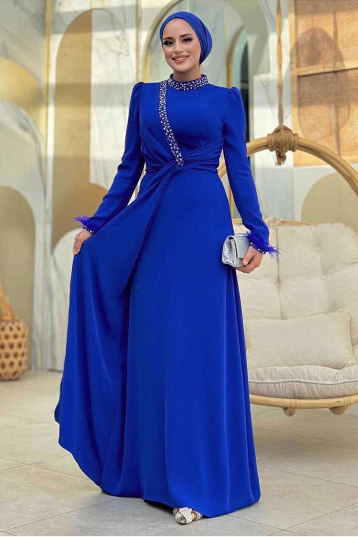 TRENDTESETTÜR KADIN LACİVERT (SAKS) TAŞLI ABİYE ELBİSE T 1207