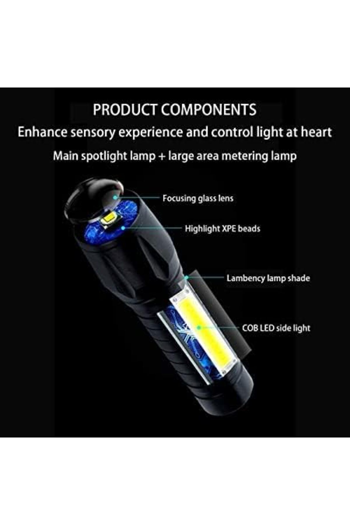Other-LED Rechargeable Flashlight With COB Side Light-USB Chargeable Torch-(Black 9cm) 8