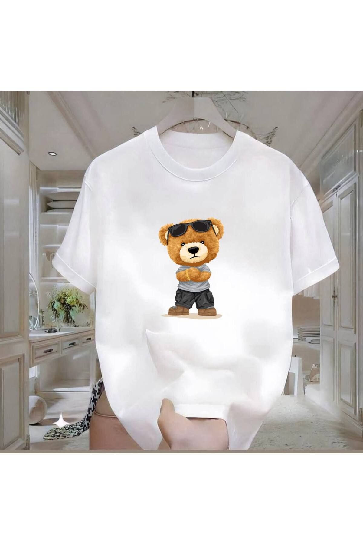 Rovell Gözlüklü Ayı Baskılı Beyaz Regular Erkek Tshirt