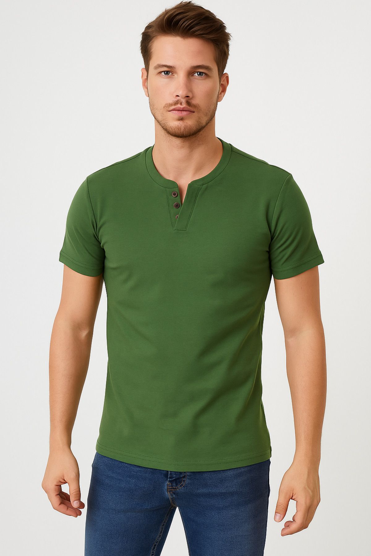 LACİVERTMEN 2124 Henley Tişört Kahverengi Düğme Detaylı Basic Casual T shirt