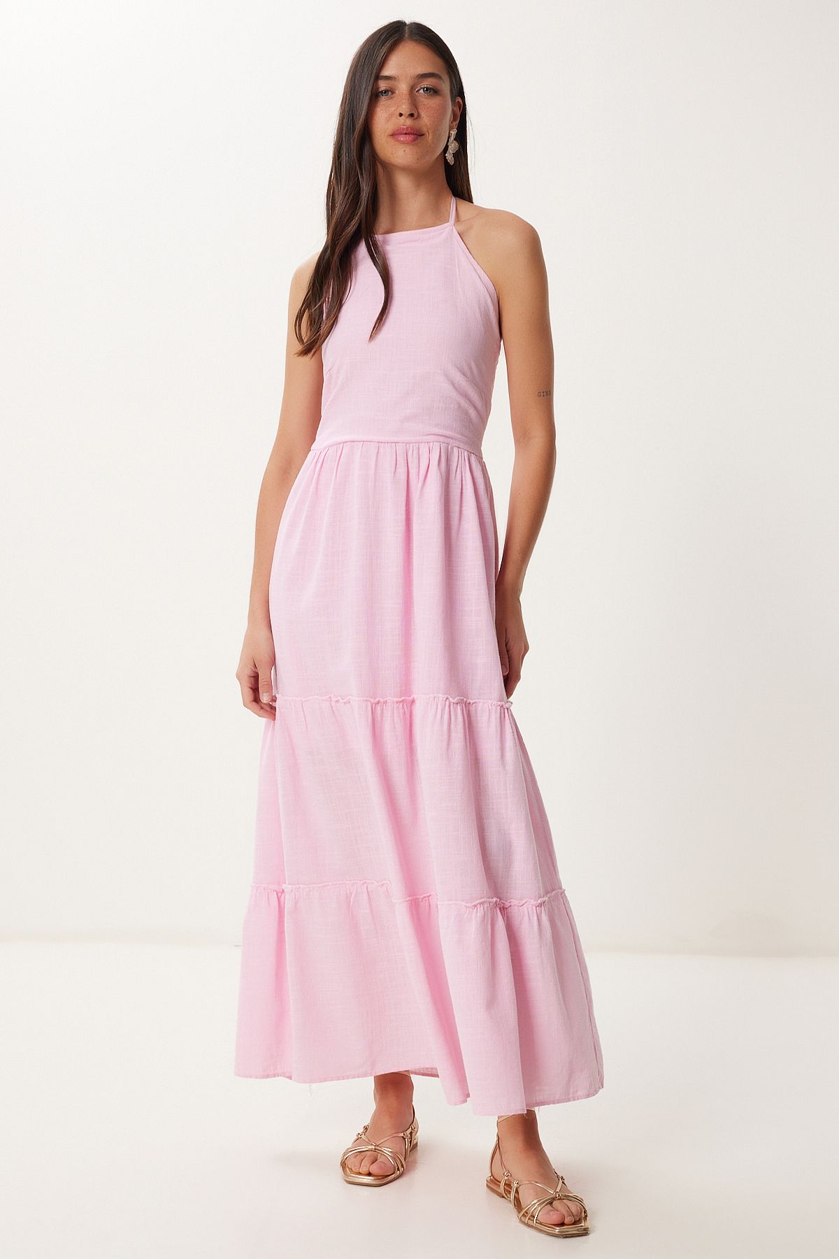 Lovelyİstanbul Halter Yaka Volanlı Yazlık Keten Elbise ŞEKER PEMBE LGP0015
