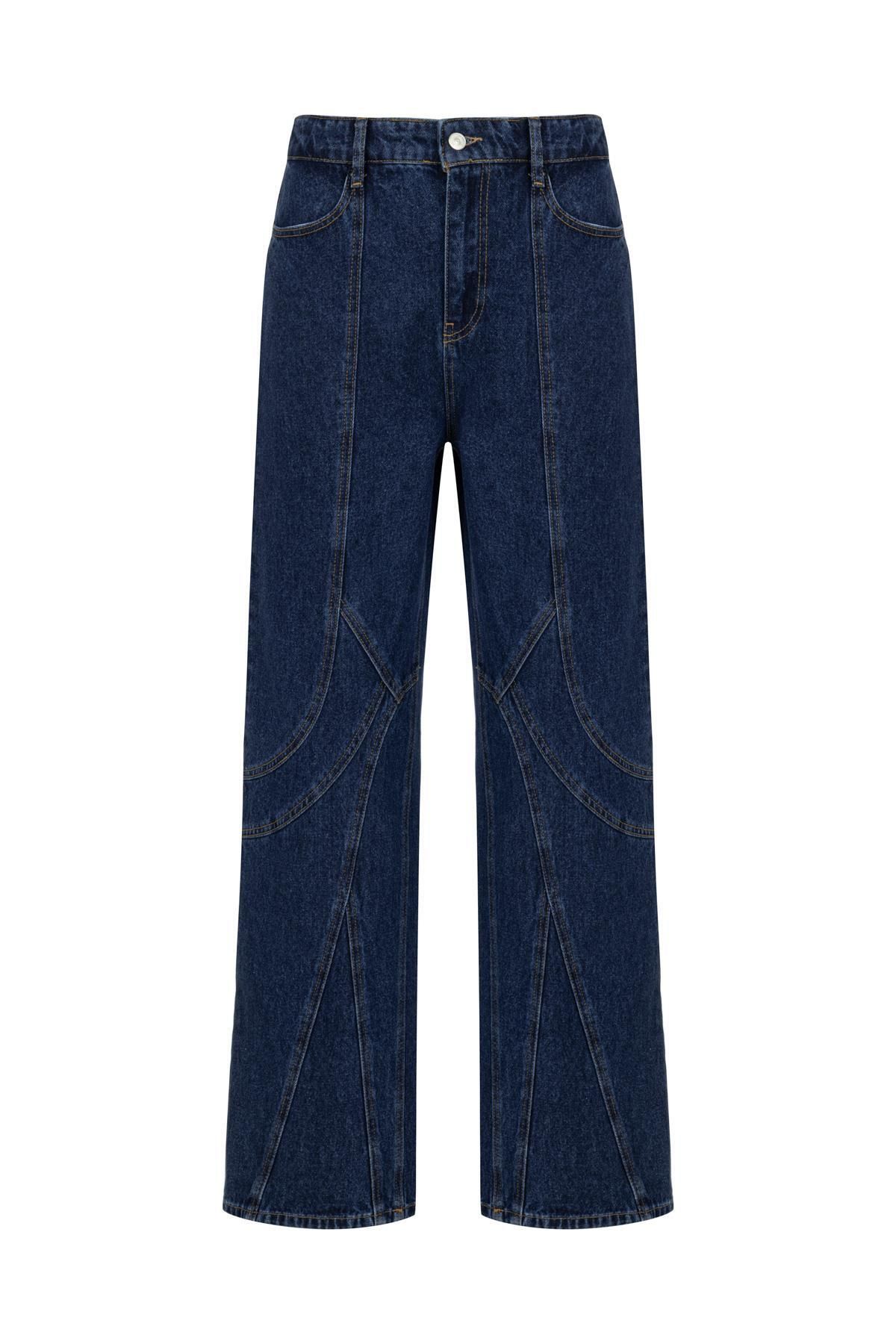 MİİN KOYU MAVİ DİKİŞ DETAYLI DENIM BOL PAÇA PANTOLON