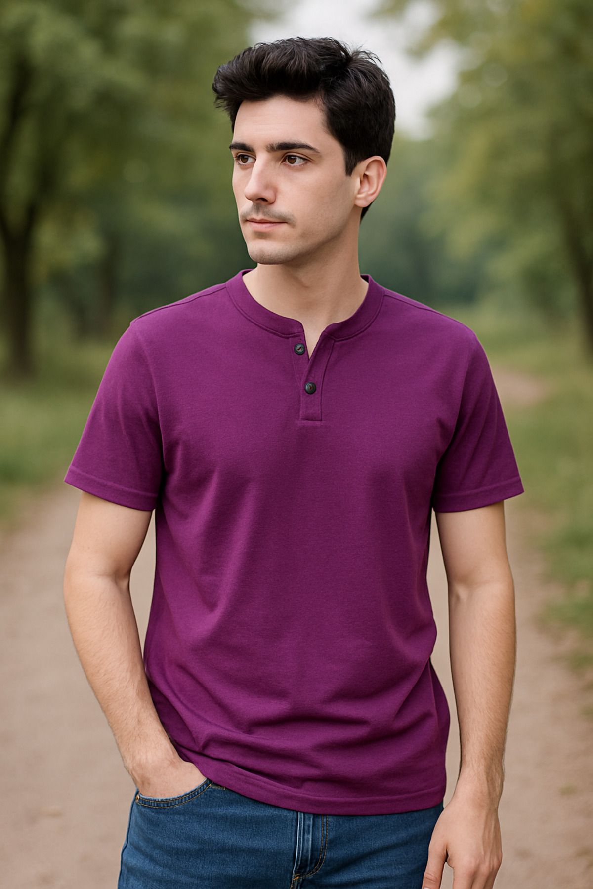 LACİVERTMEN 2124 Henley Tişört Kahverengi Düğme Detaylı Basic Casual T shirt