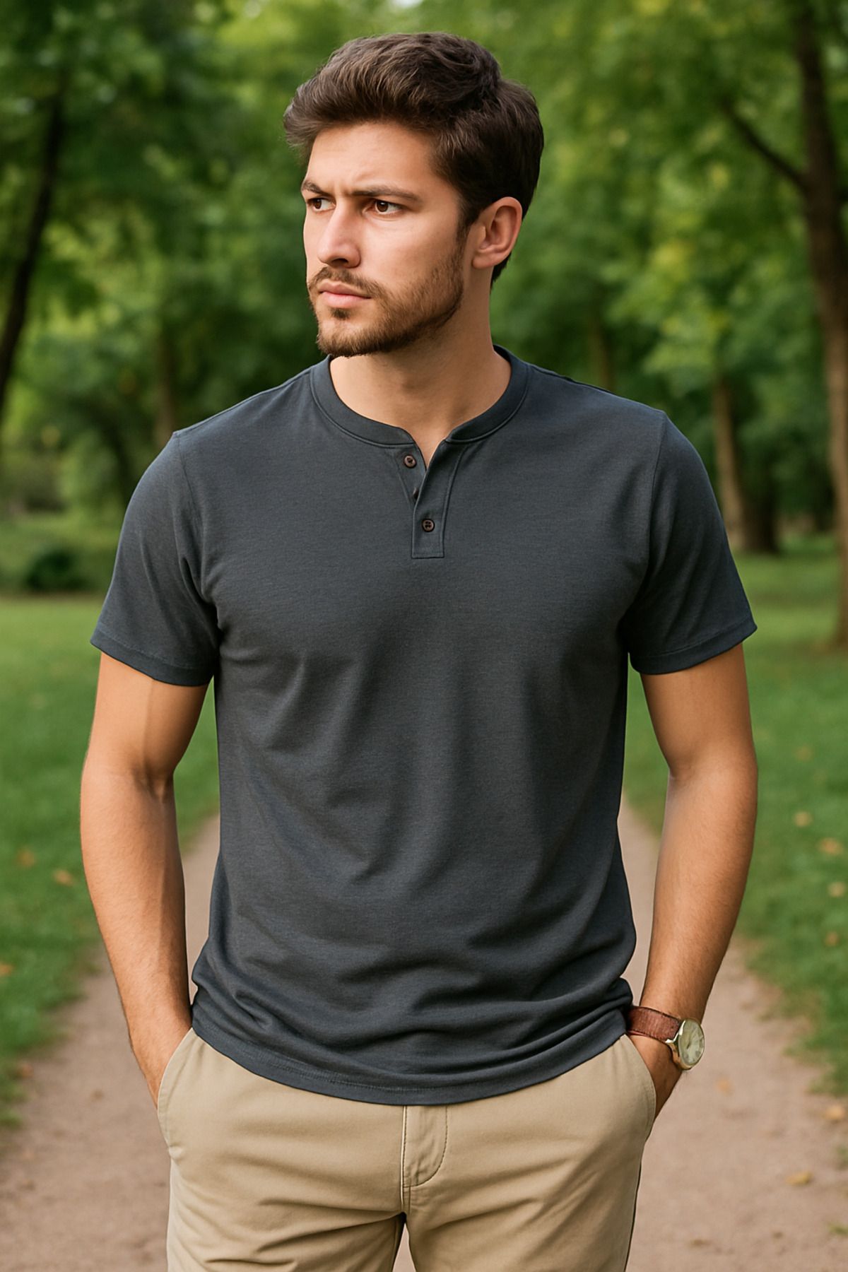 LACİVERTMEN 2124 Henley Tişört Kahverengi Düğme Detaylı Basic Casual T shirt