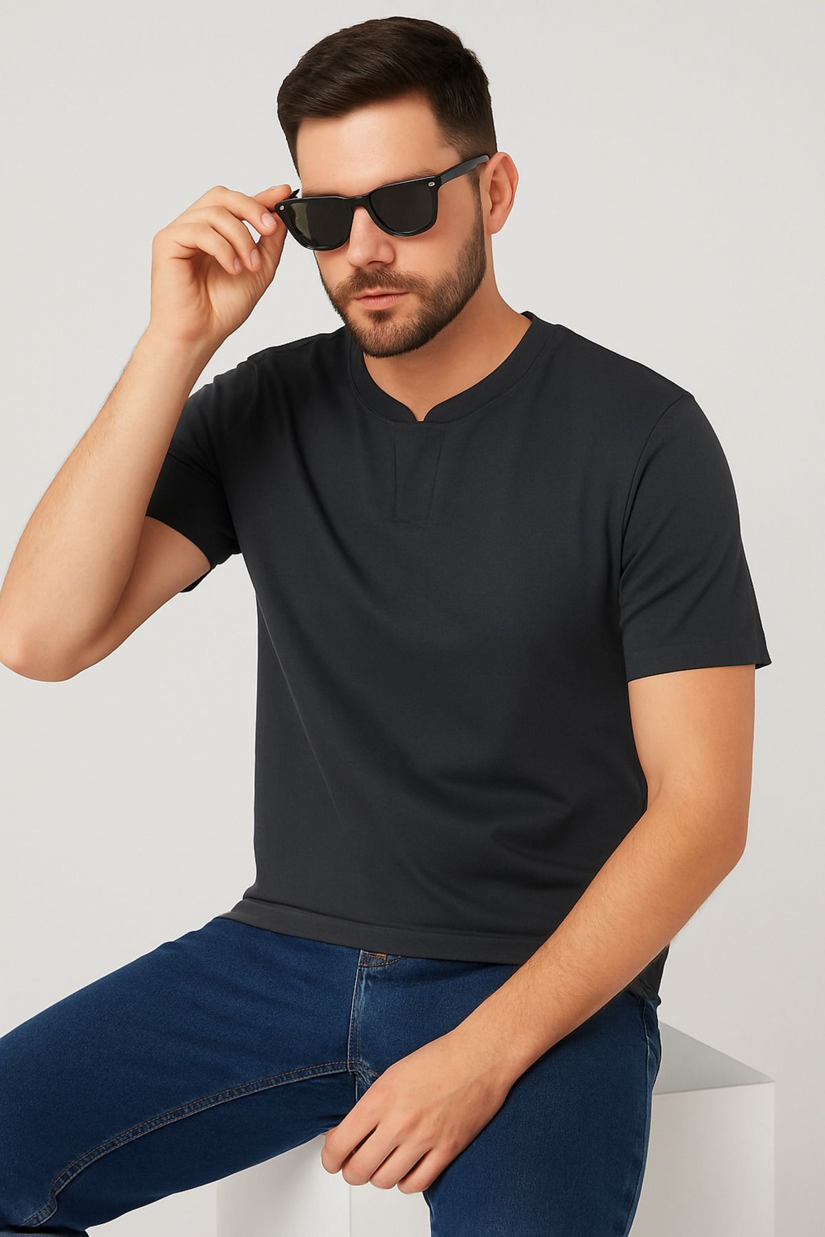 LACİVERTMEN 2124 Henley Tişört Kahverengi Düğme Detaylı Basic Casual T shirt